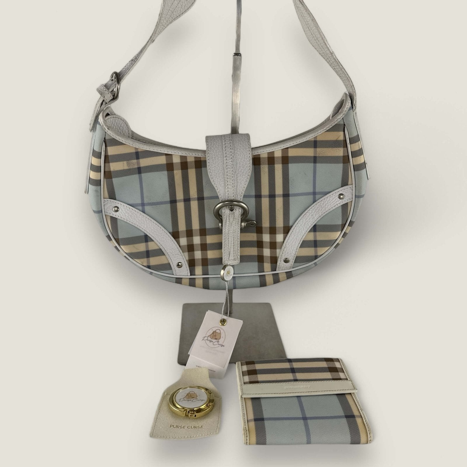 Burberry blue check shoulder bag canvas with matching wallet