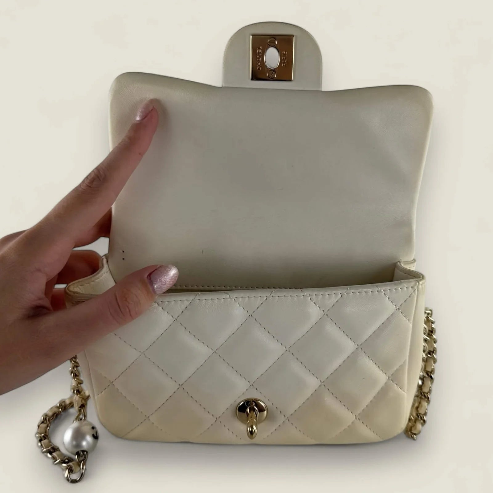 Chanel Mini Flap with pearls, open flap view