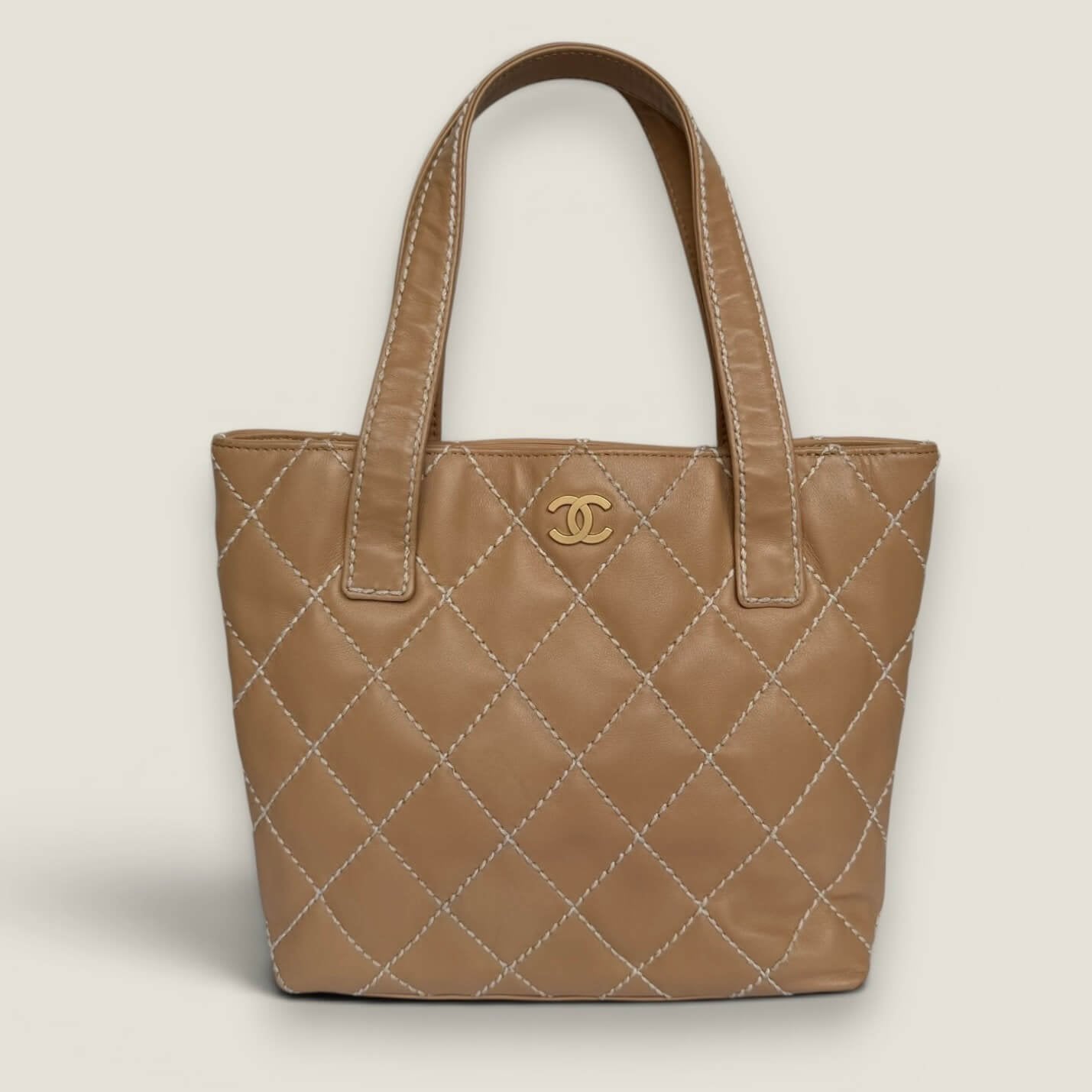 Chanel beige small CC calfskin wild stitch tote