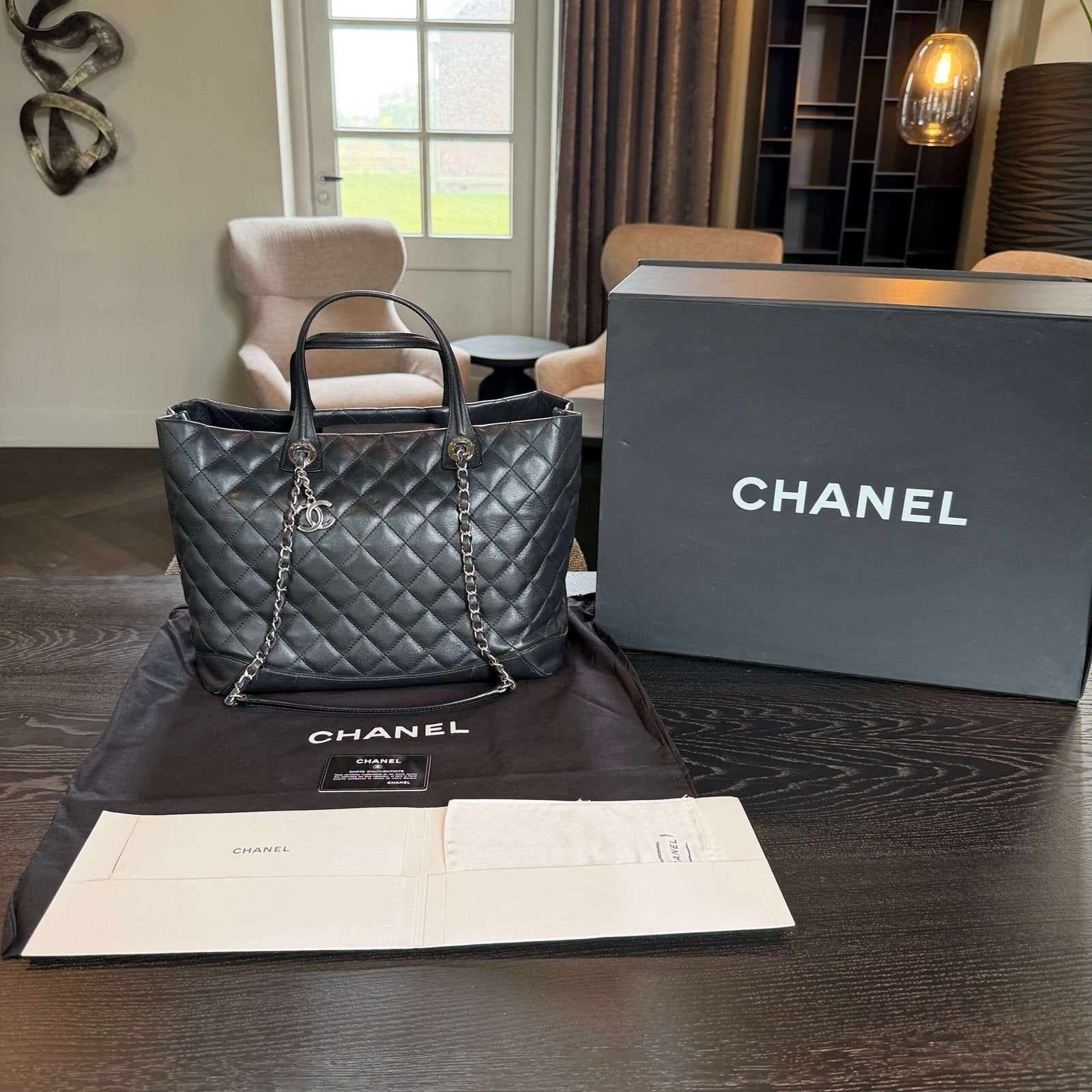 Chanel calfskin quilted large shopping tote with accessories