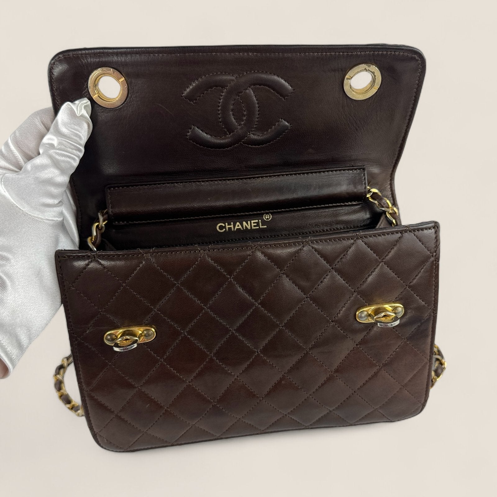 Chanel double closure bag with top handle brown lambskin leather gold hardware
