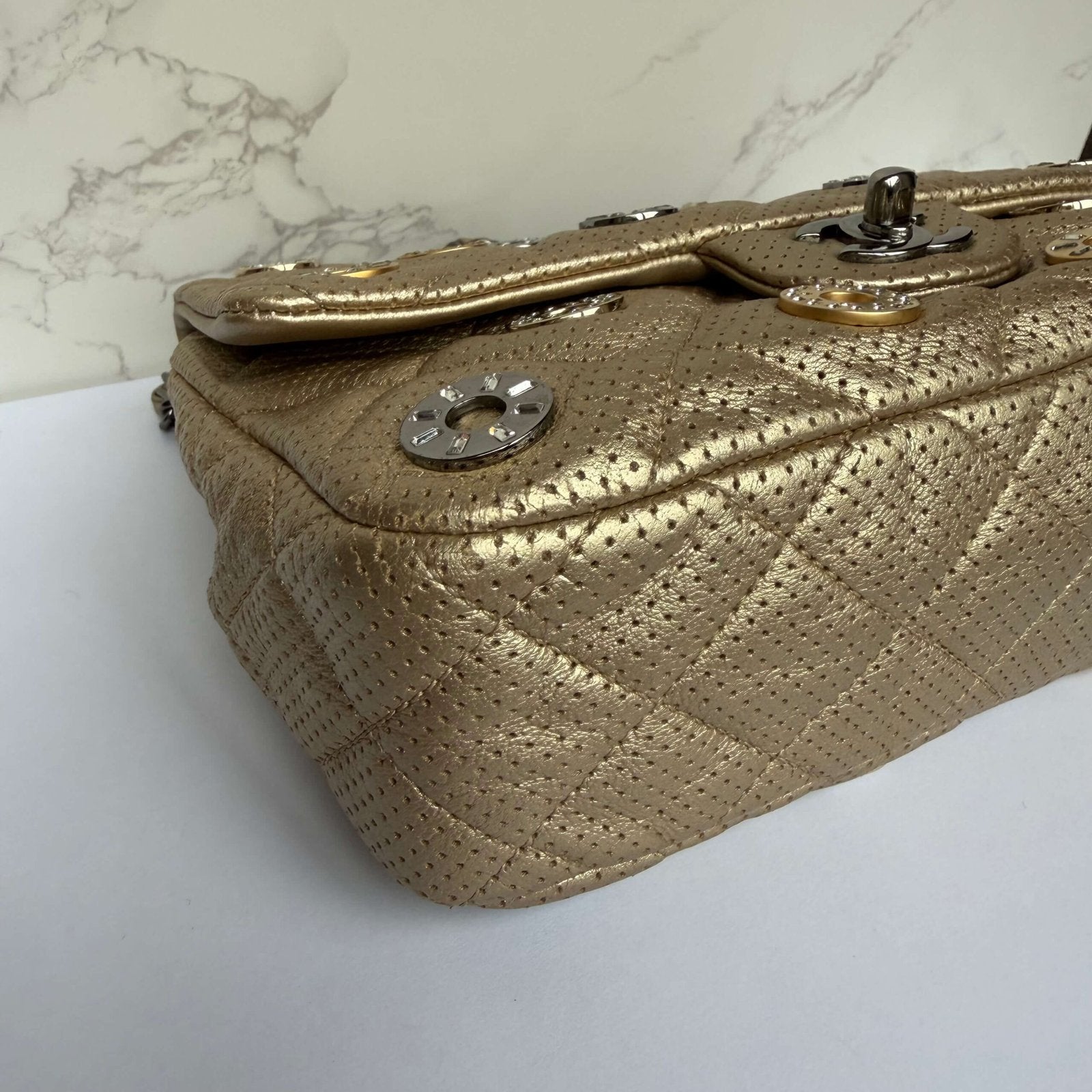 Chanel lambskin metallic gold closeup