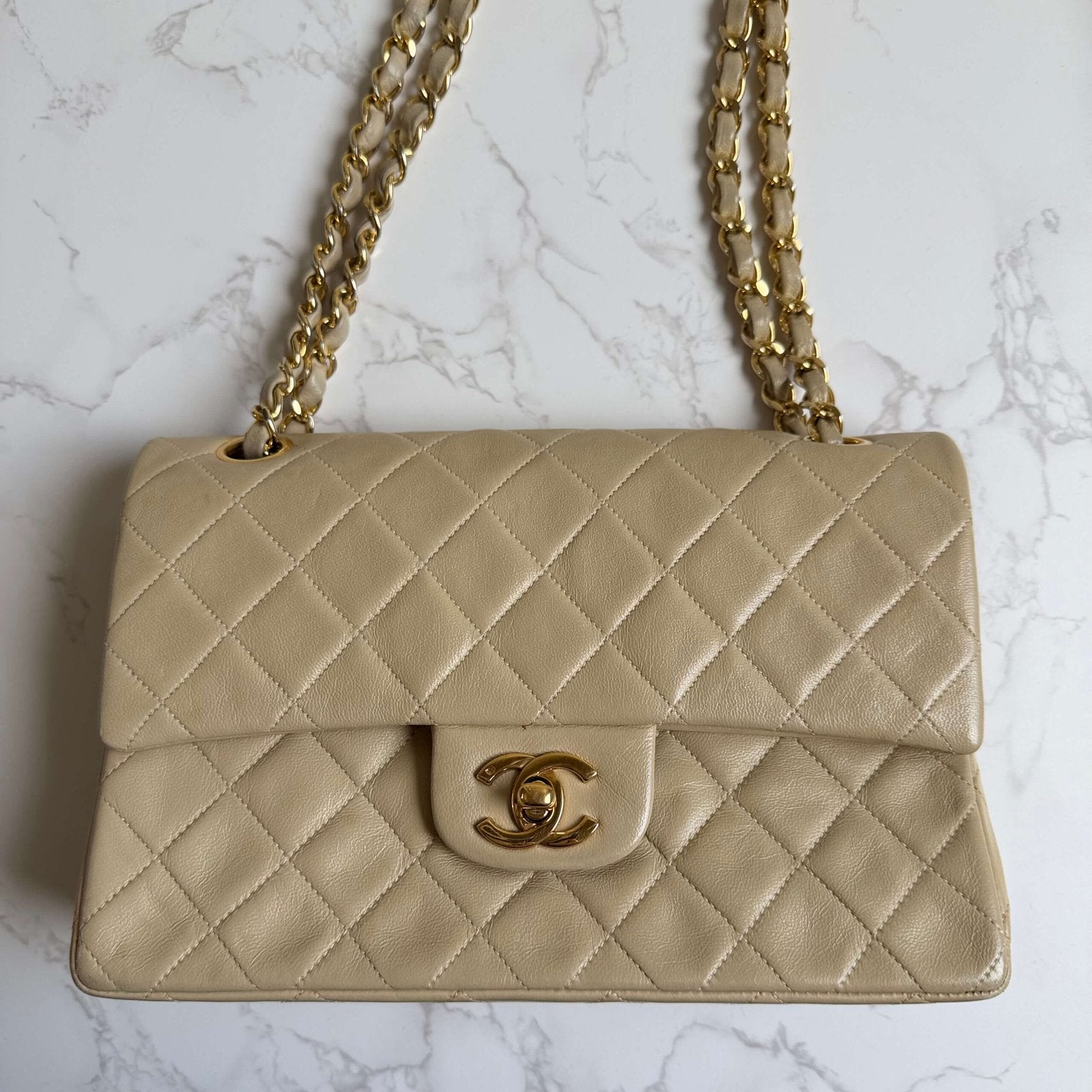 Chanel small classic flap bag beige vintage