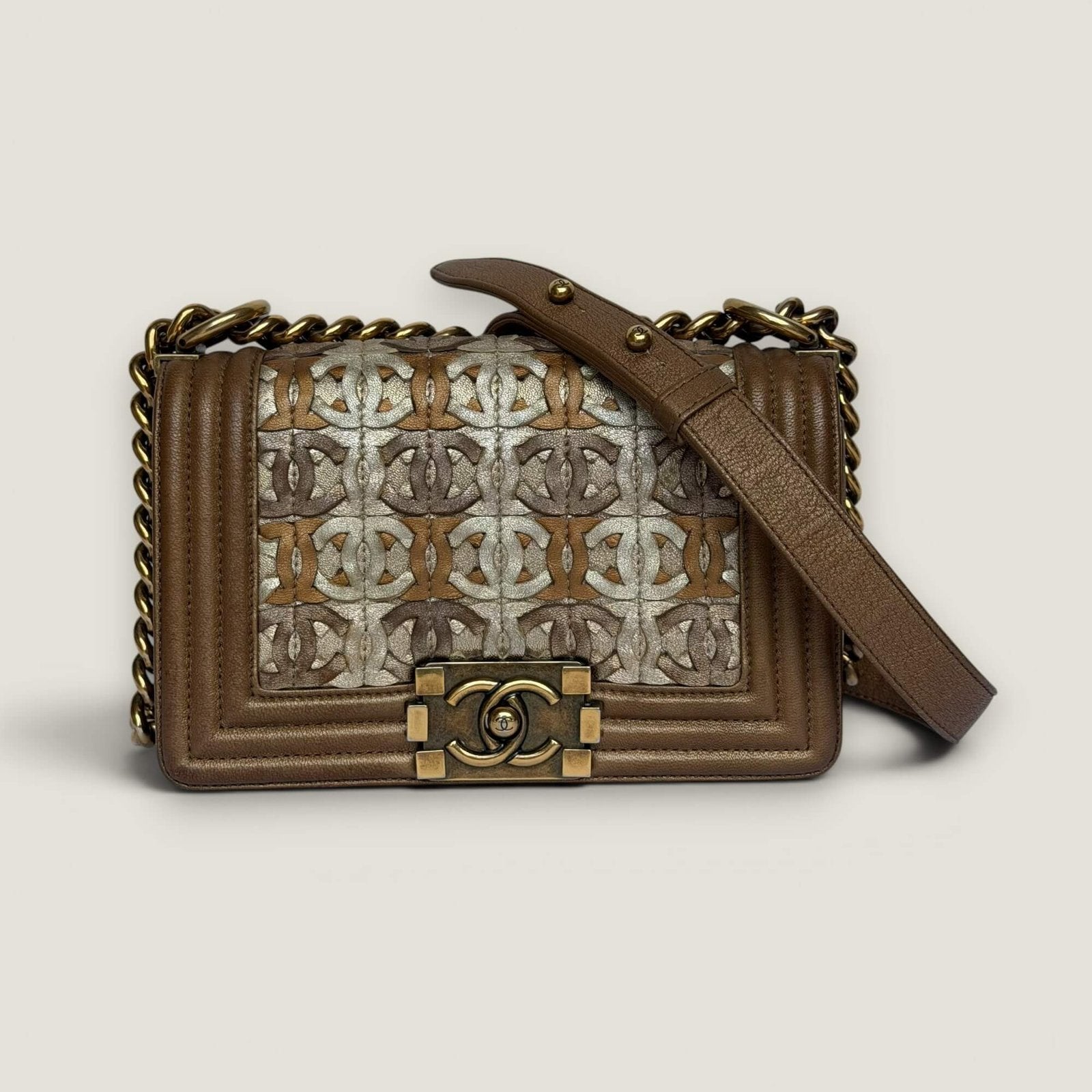 Chanel small quilted metallic lambskin interwoven CC Boy flap bag
