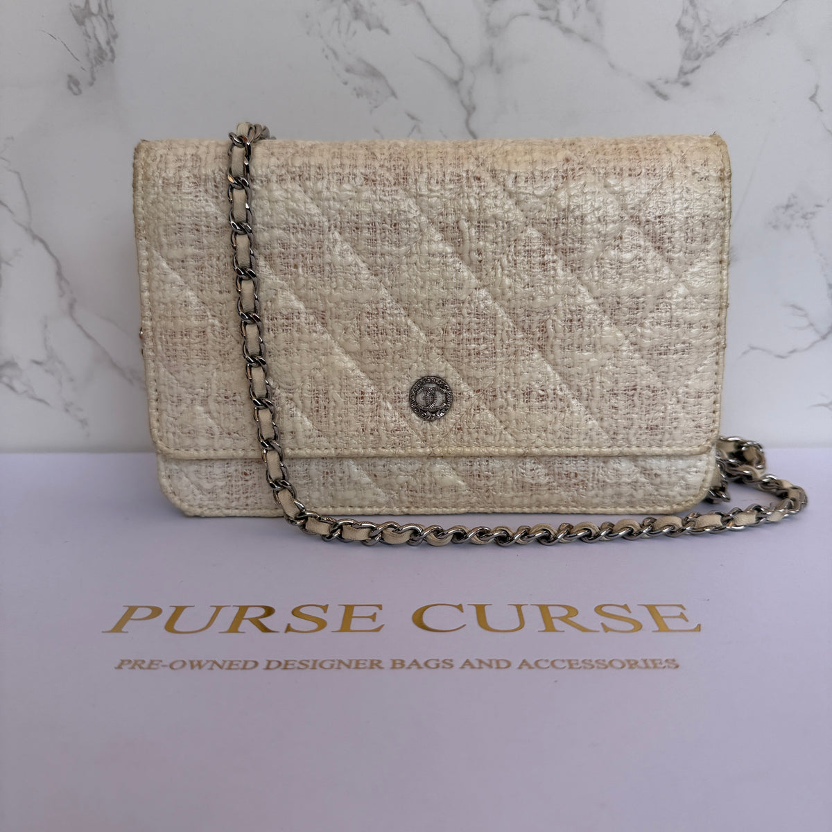 Chanel coated tweed wallet on chain wit tweedehands