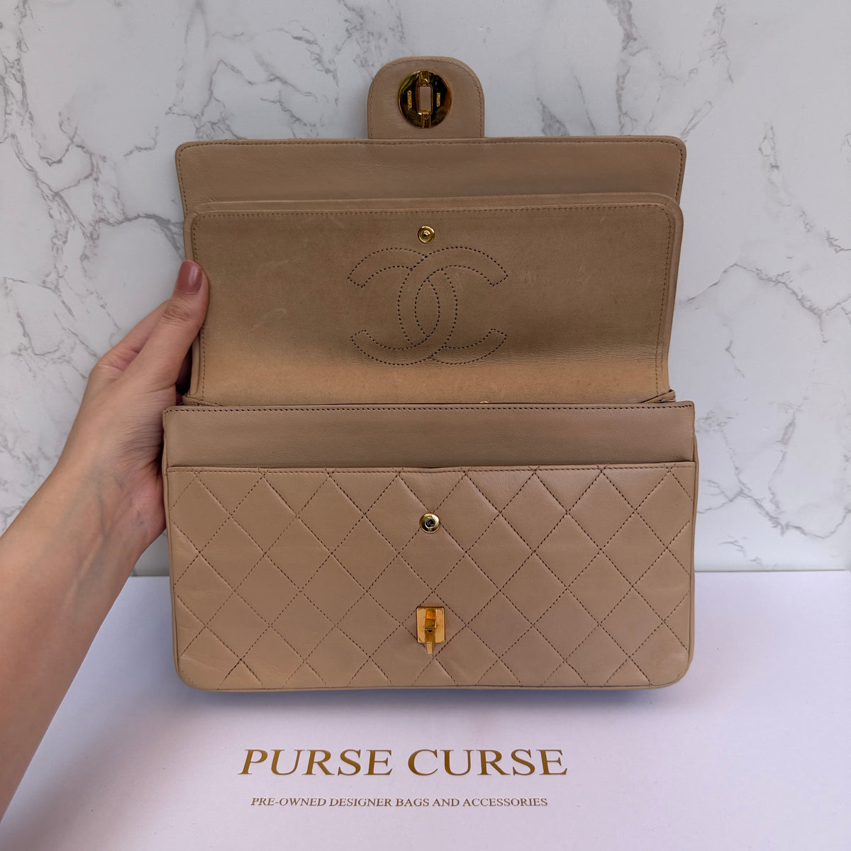 Chanel vintage tas binnenkant beige