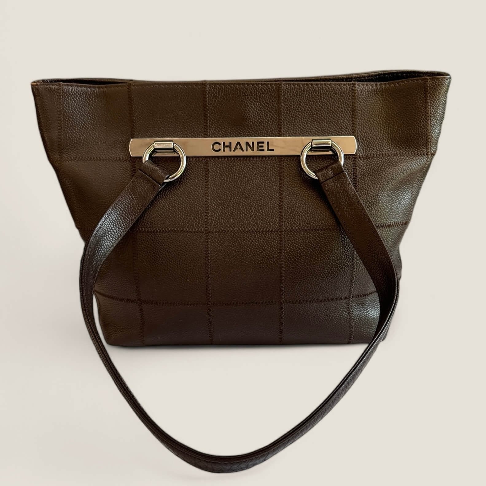 Pre-owned Chanel Chocolate Bar stitched tote shoulder bag with silver hardware