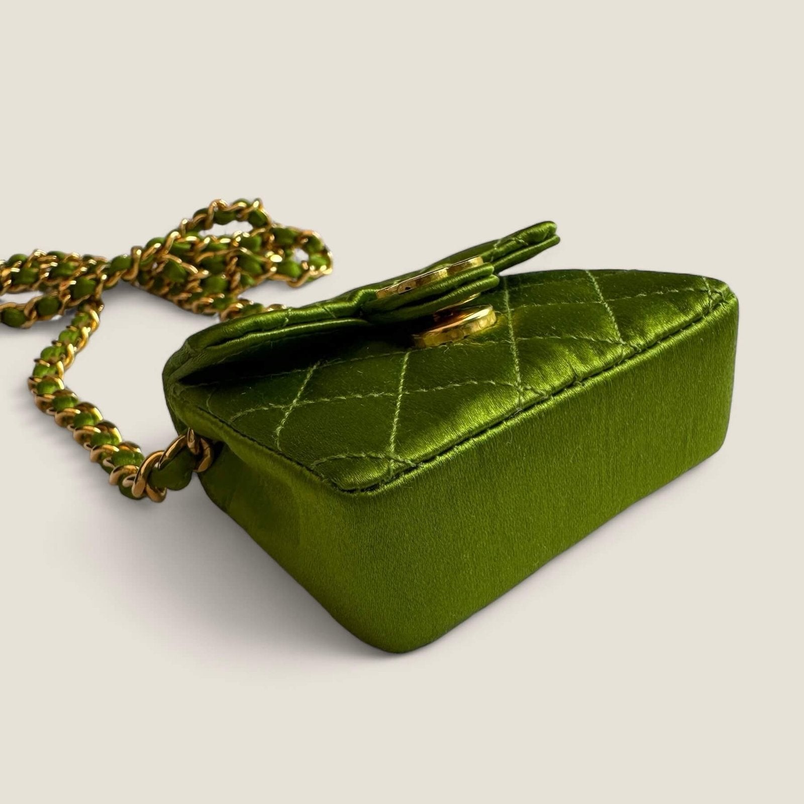 Green satin micro mini classic flap Chanel