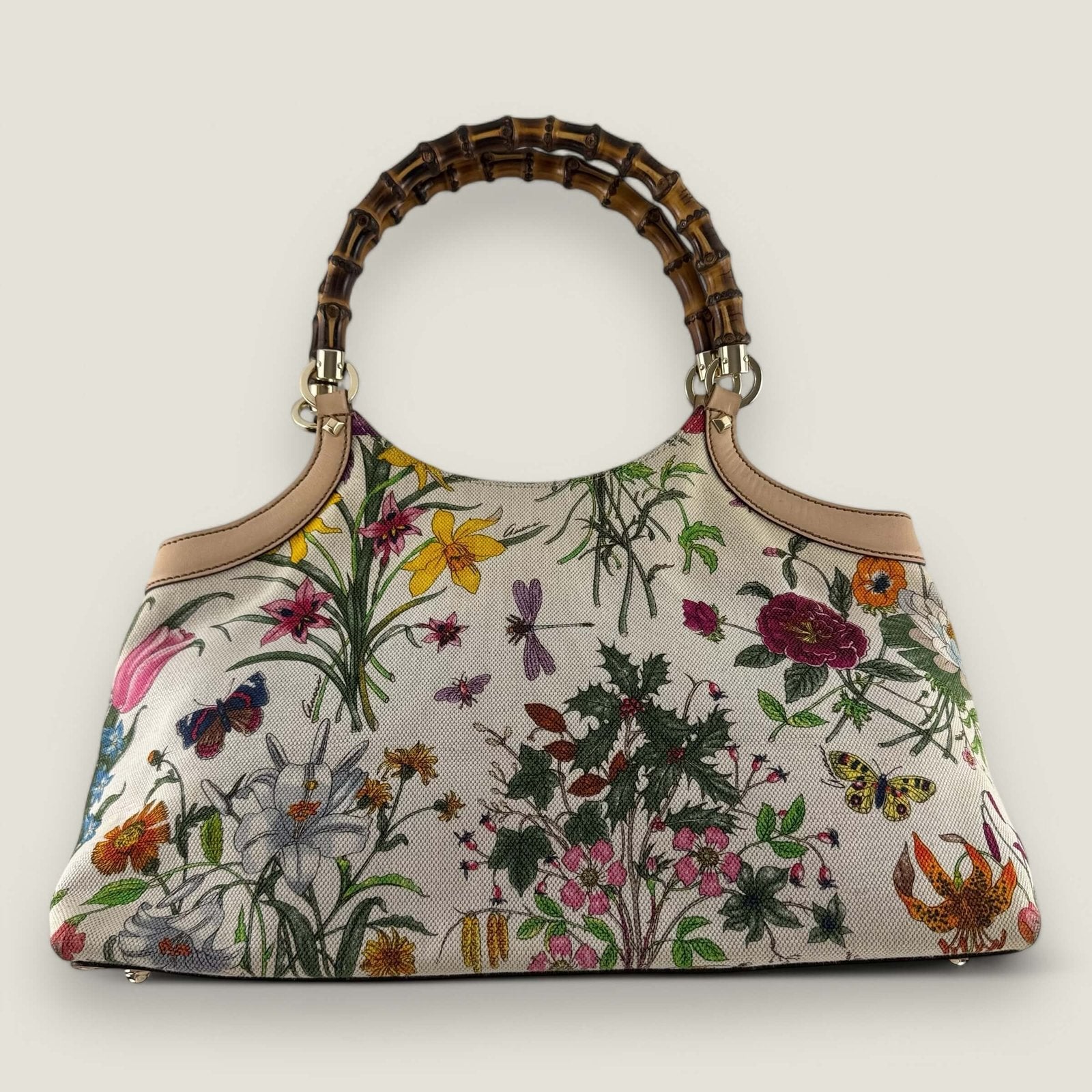 Gucci white floral satchel bag bamboo handles