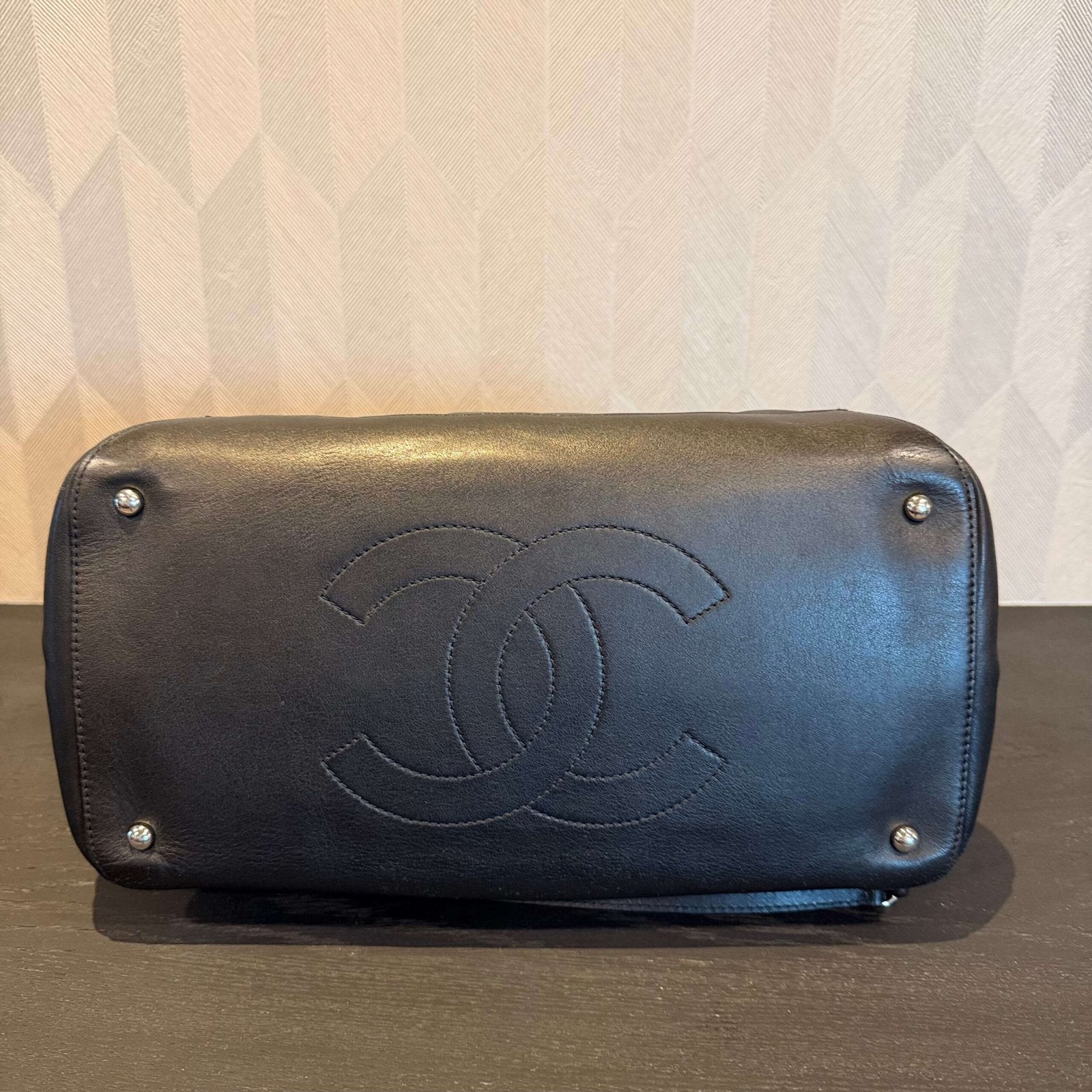 Bottom of second-hand Chanel calfskin quilted large shopping tote