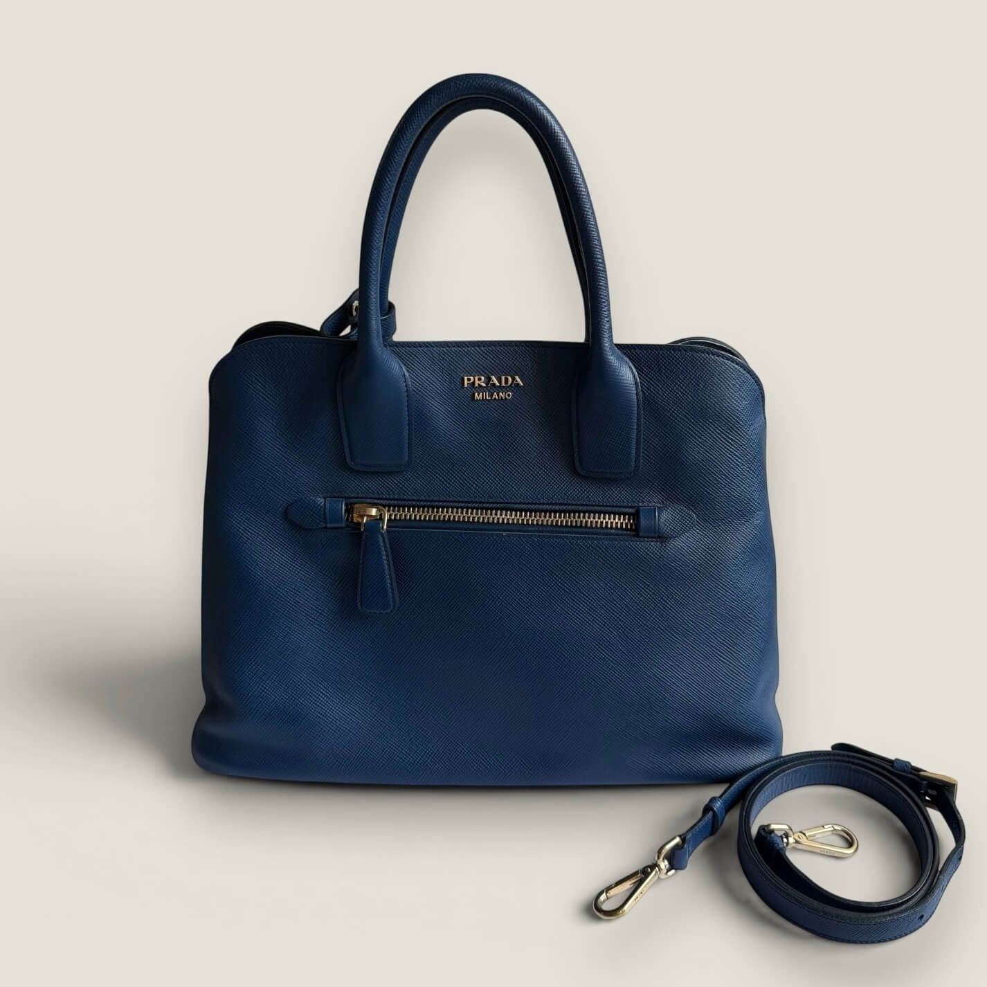 Prada saffiano cuir open promenade satchel blue