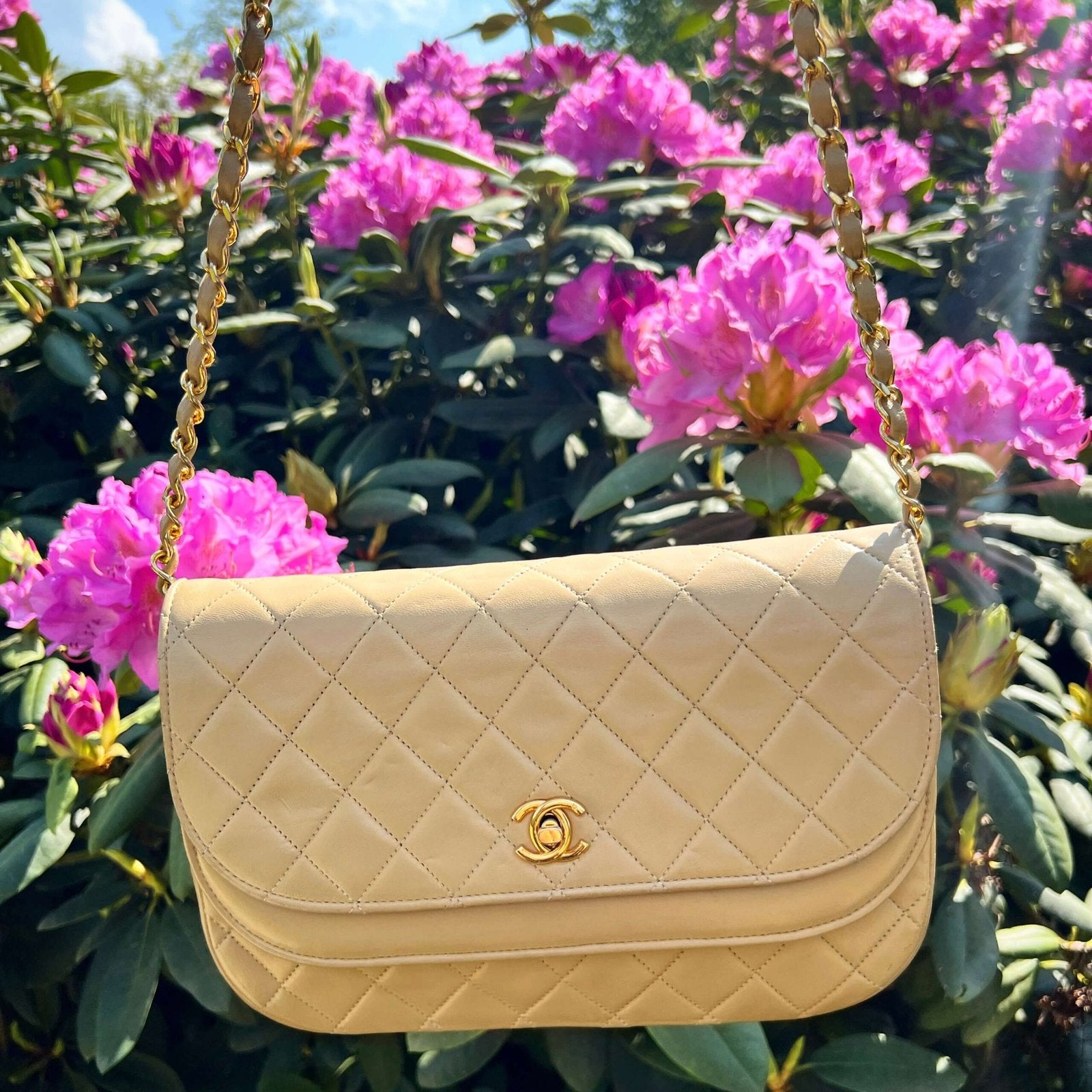 Pre-owned Chanel beige double half moon flap lambskin
