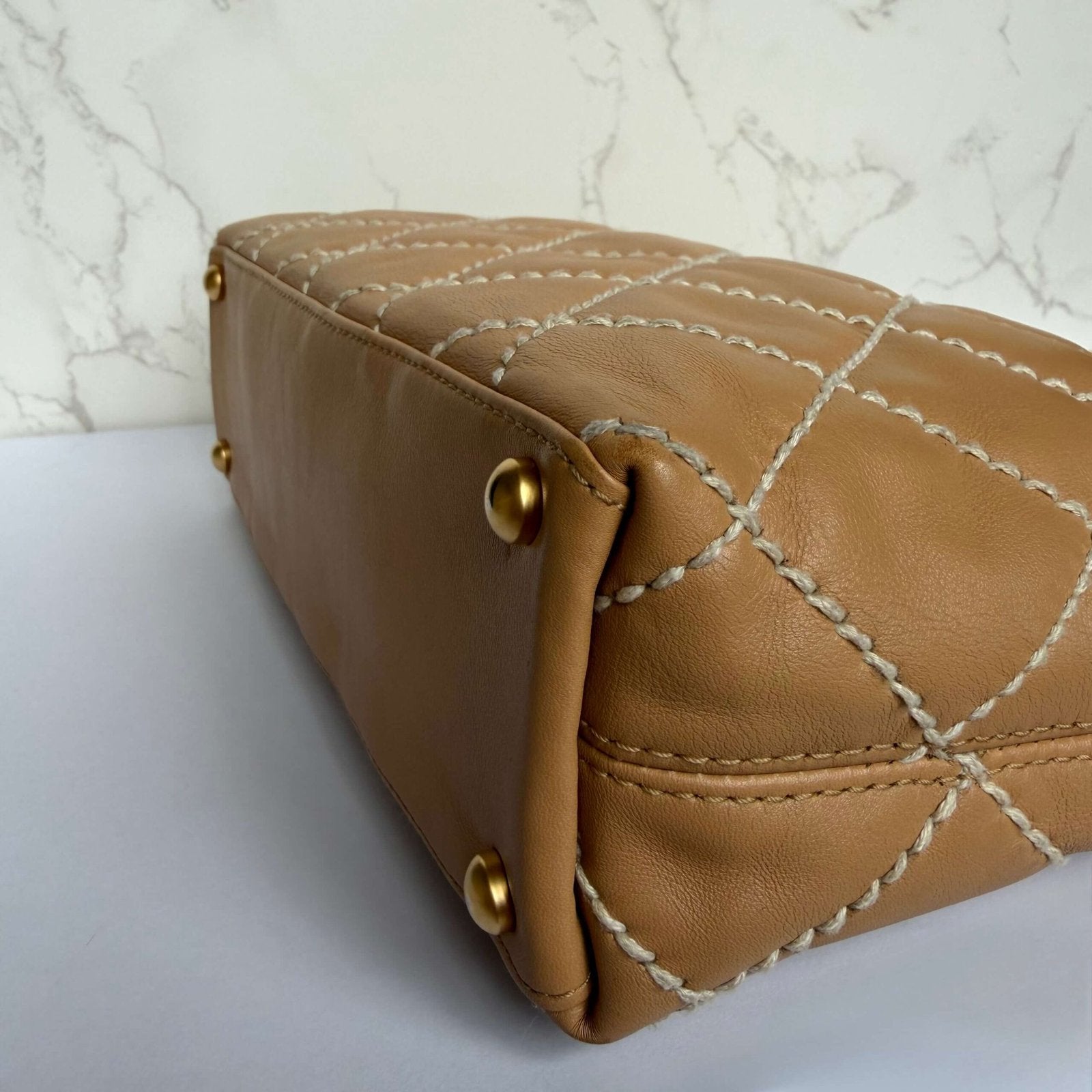 Pre-owned Chanel beige small CC calfskin wild stitch tote