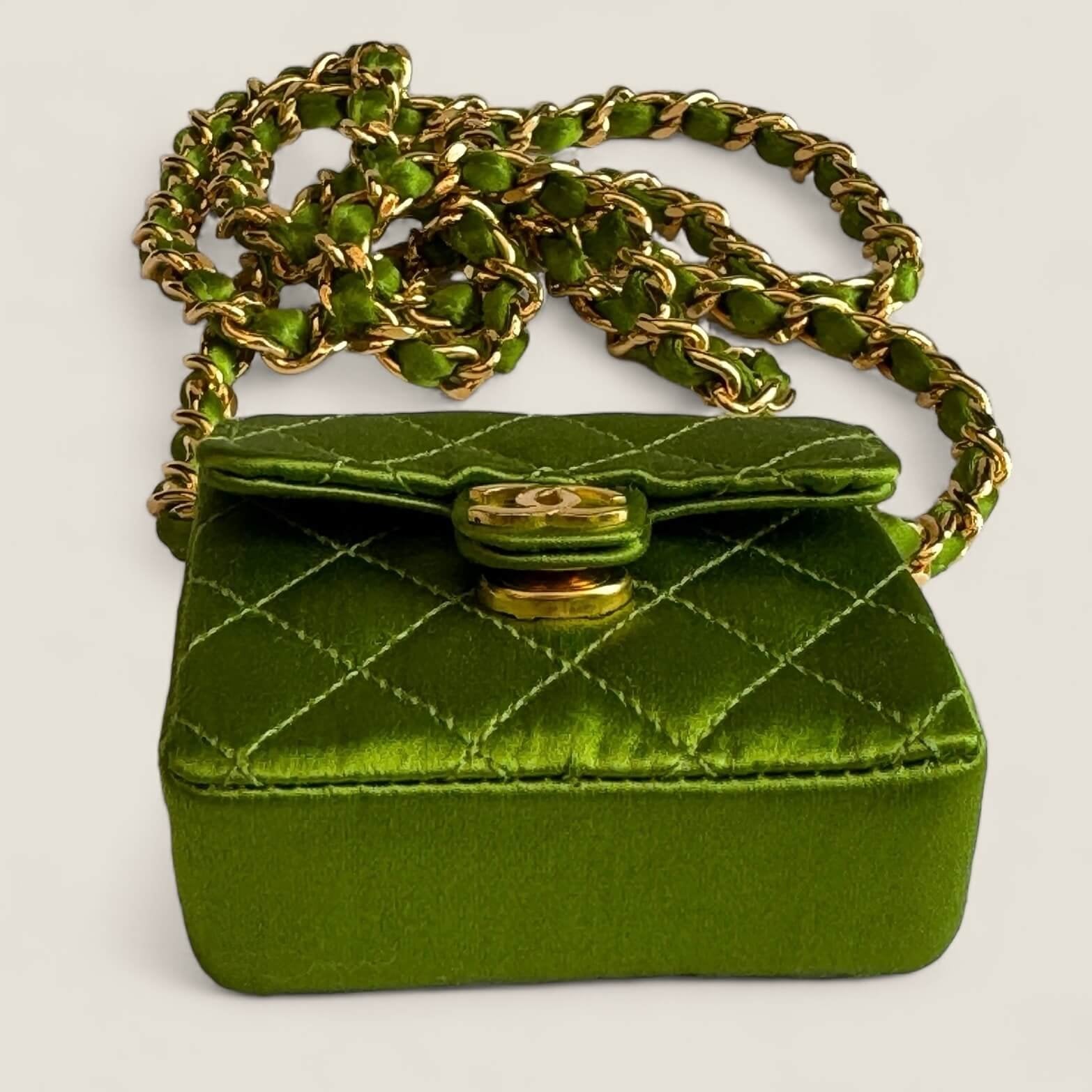 Pre-loved Chanel micro classic flap green satin