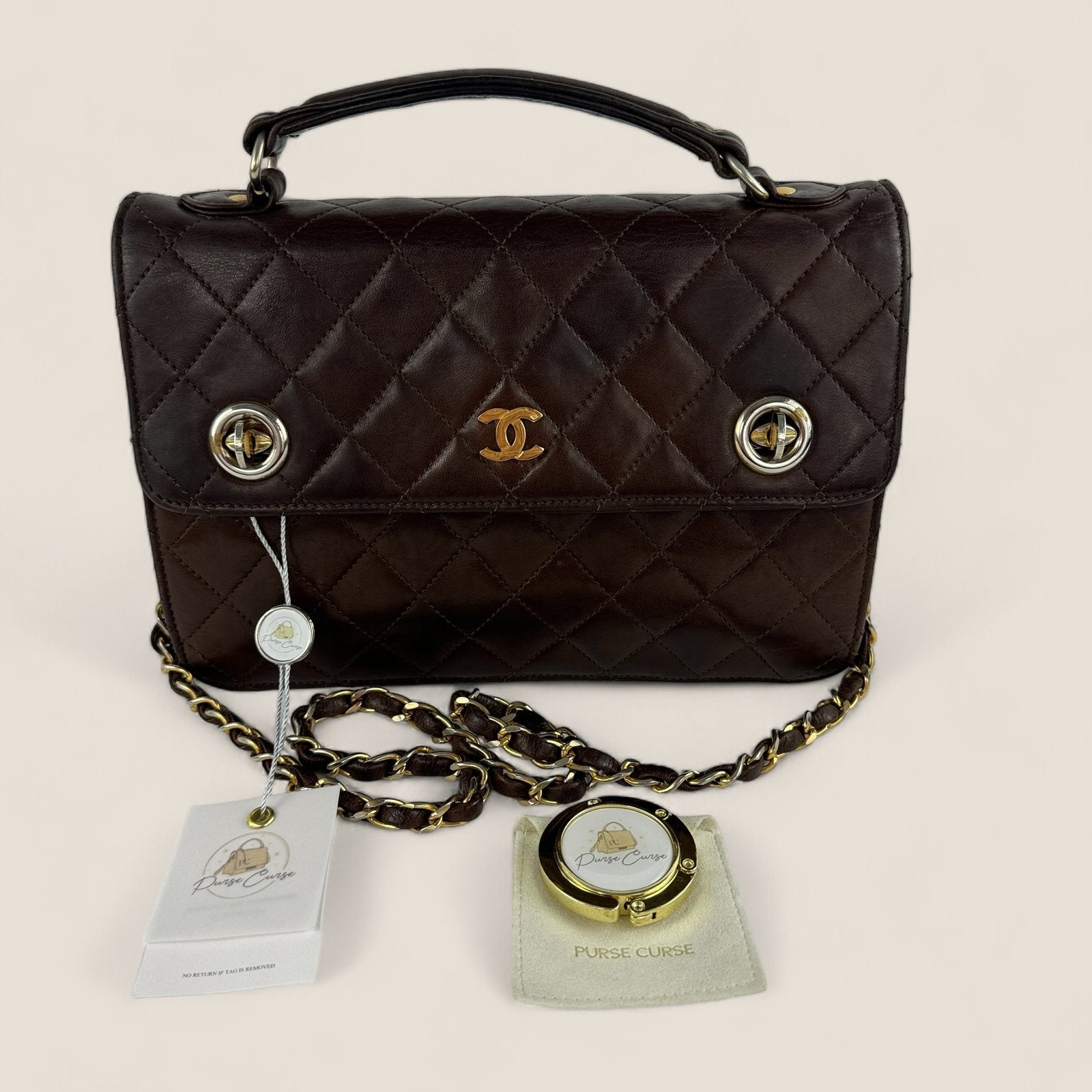 Pre-owned Chanel double turnlock briefcase with chain, brown leather, vintage rare model
