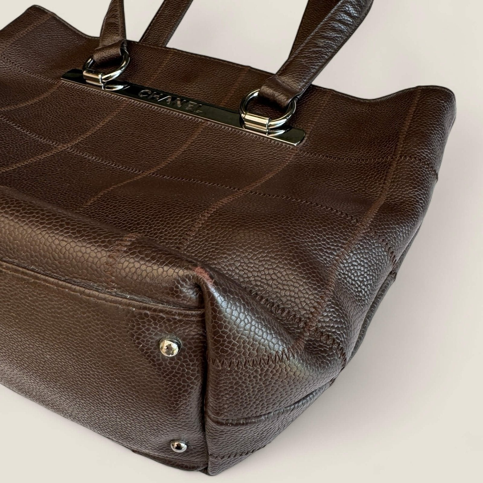 Used Chanel Chocolate Bar stitch tote bag silver hardware brown caviar leather 2004- 2005