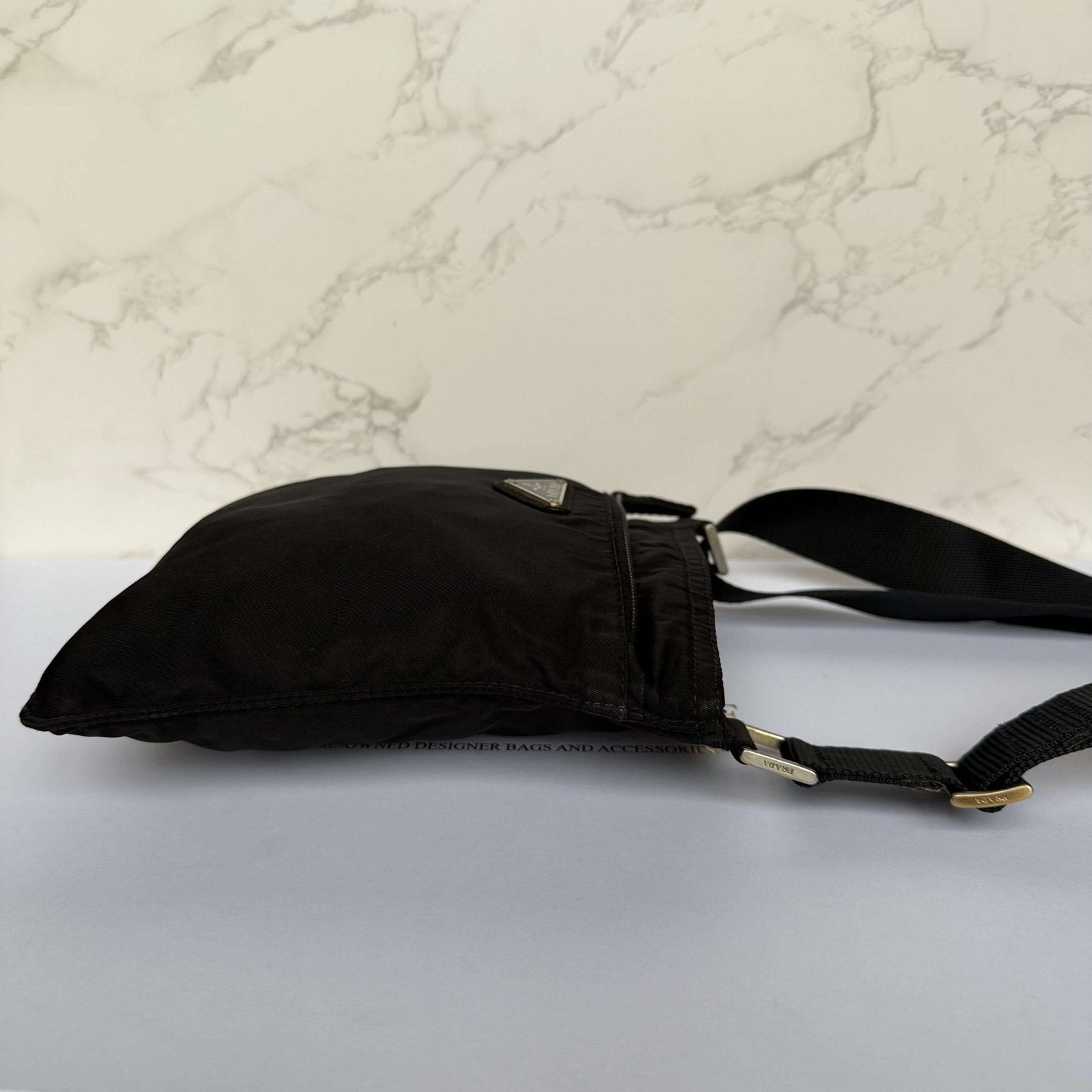 side view original Prada shoulder bag black nylon