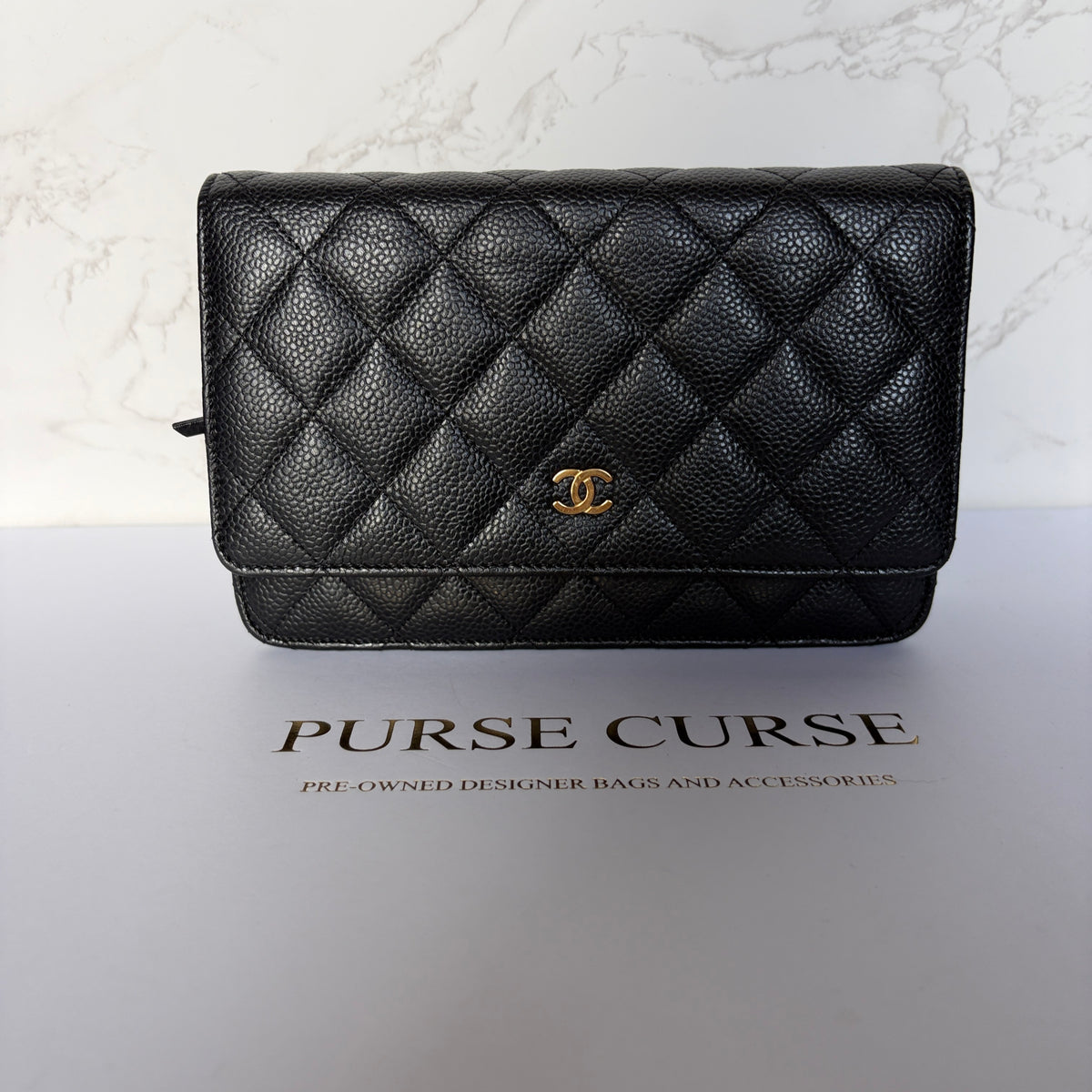 Authentic pre-owned Chanel wallet on chain black caviar gold hardware