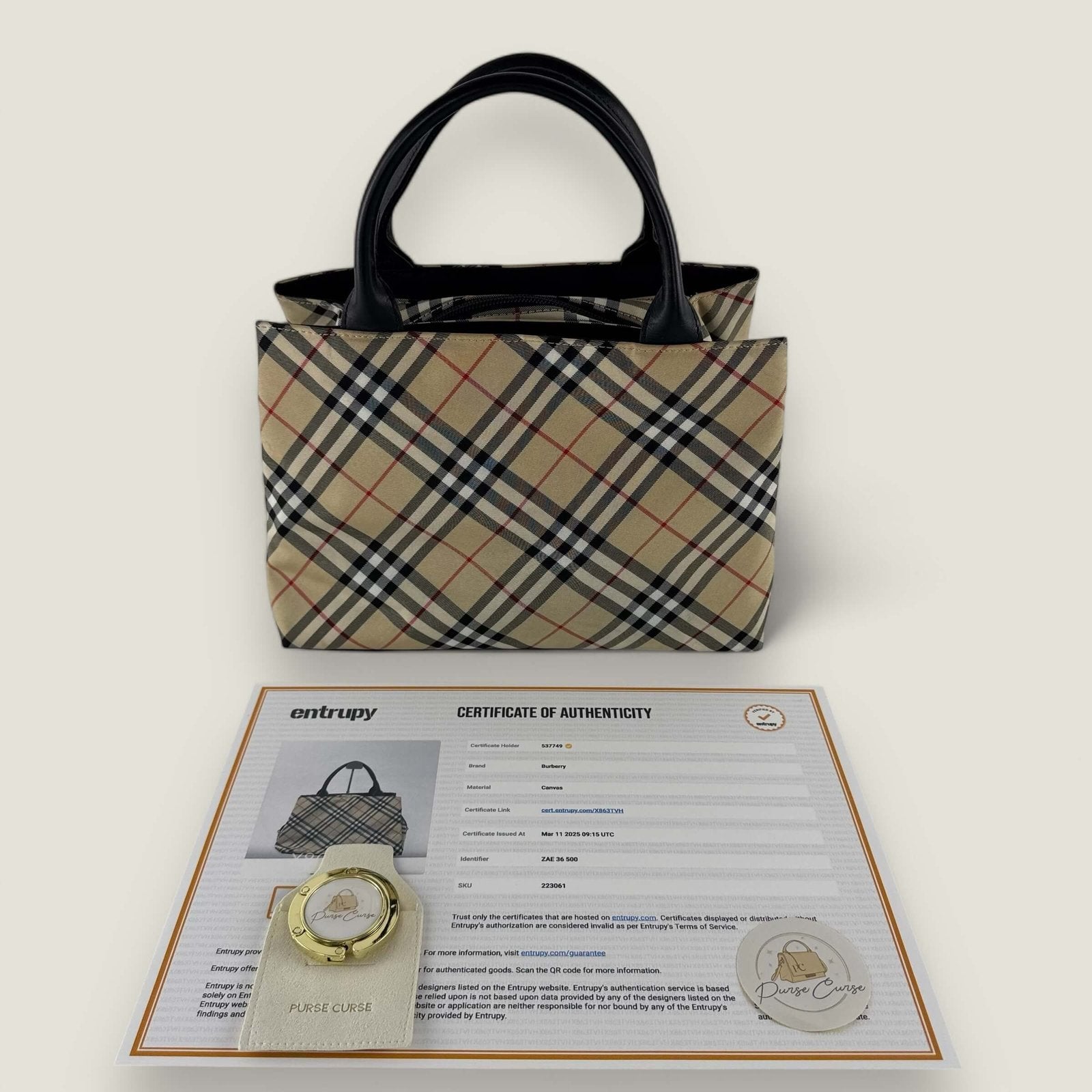 Authentic Pre-owned Burberry Nova Check blue label beige bag with Entrupy certificate and Purse Curse bag holder