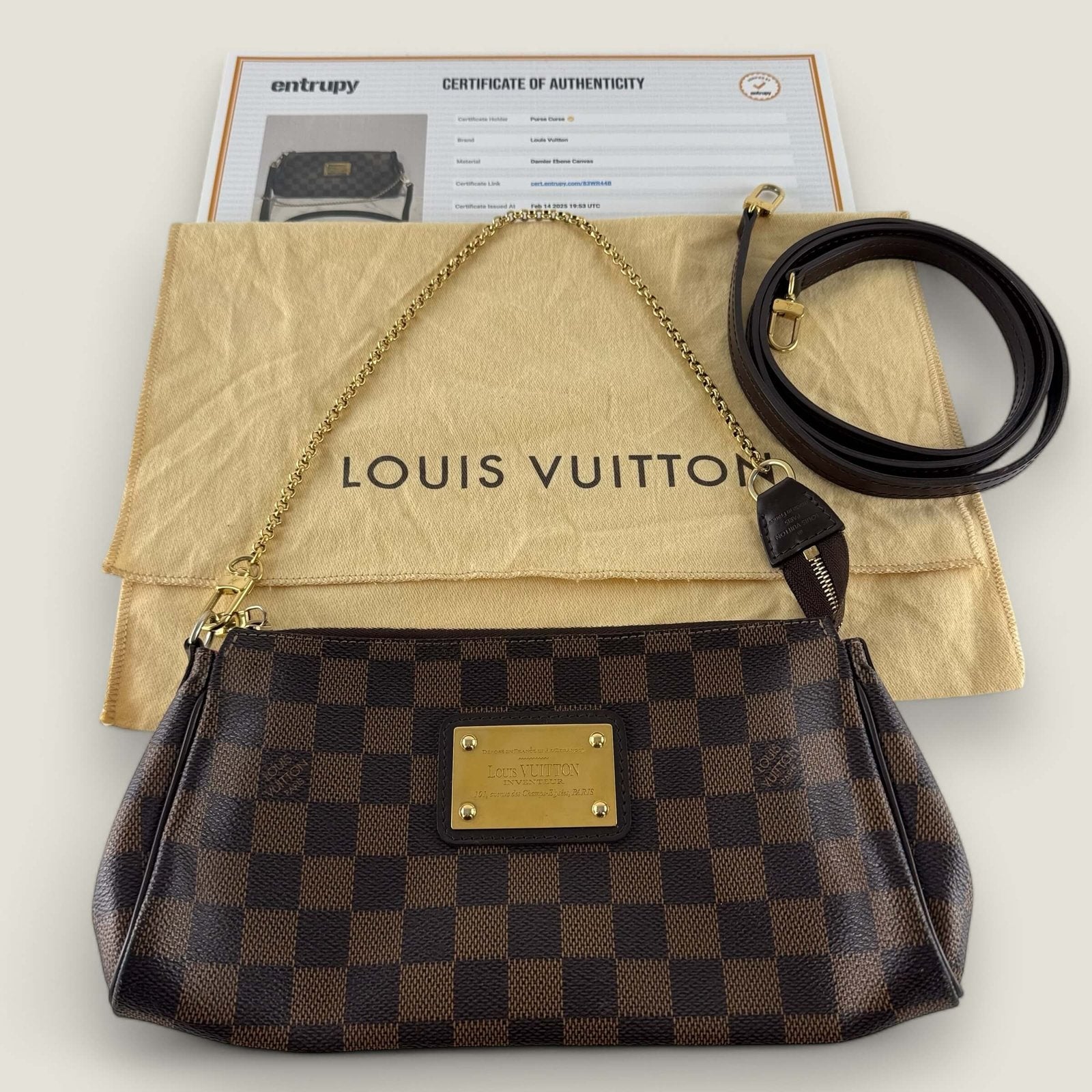Authentieke pre-owned Louis Vuitton Eva two way clutch bag Damier Ebene