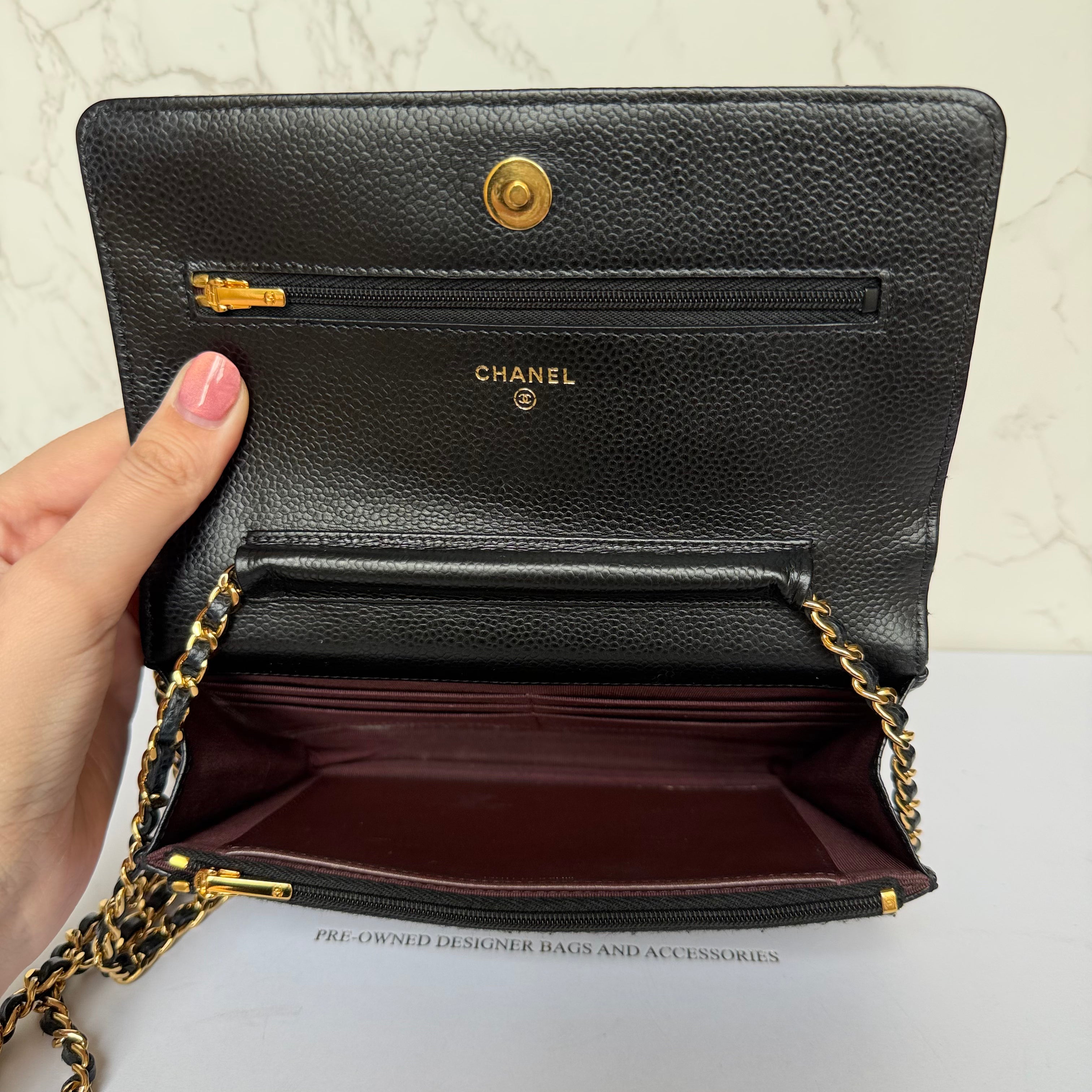 Chanel black caviar wallet on chain