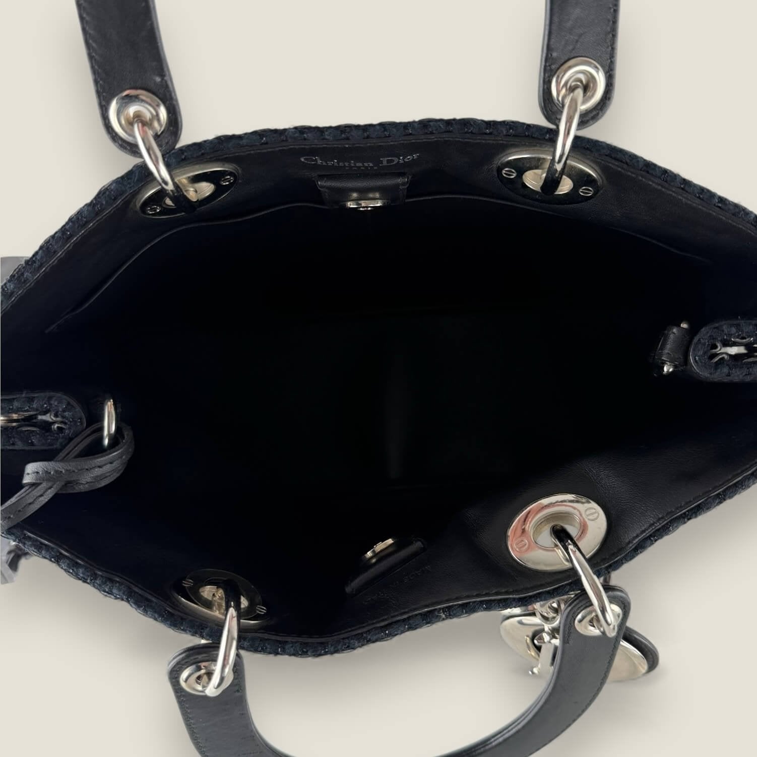 Binnenkant Dior Diorissimo Patch Decorated Metallic Large Black Tweed Tote Bag Shoulder Bag