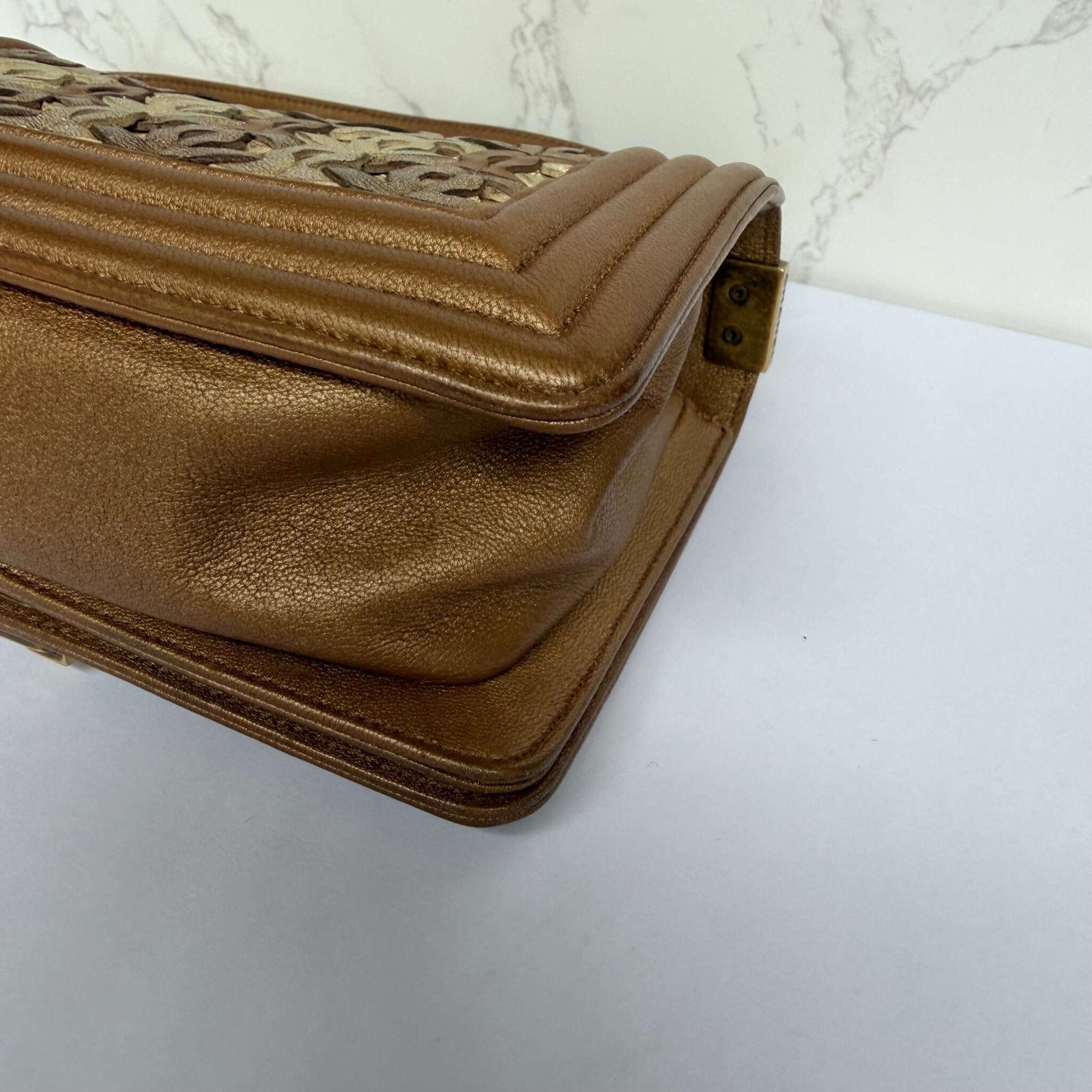 CHANEL GOLD METALLIC LIMITED EDITION SMALL BOY BAG IN LAMBSKIN WITH CC CUT-OUT DETAILING AND GOLD TONE HARDWARE, 2015