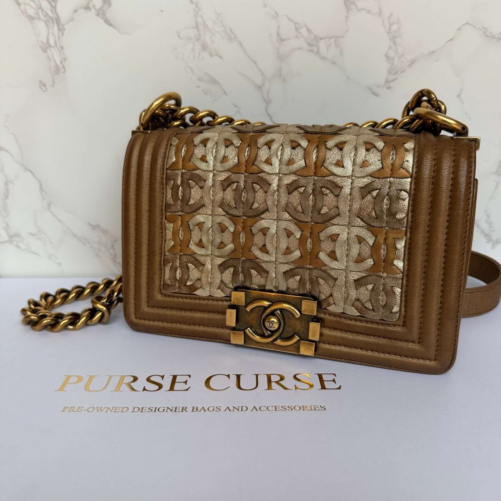Chanel Brown Small Quilted Metallic Lambskin Interwoven CC Boy Flap Bronze Leather