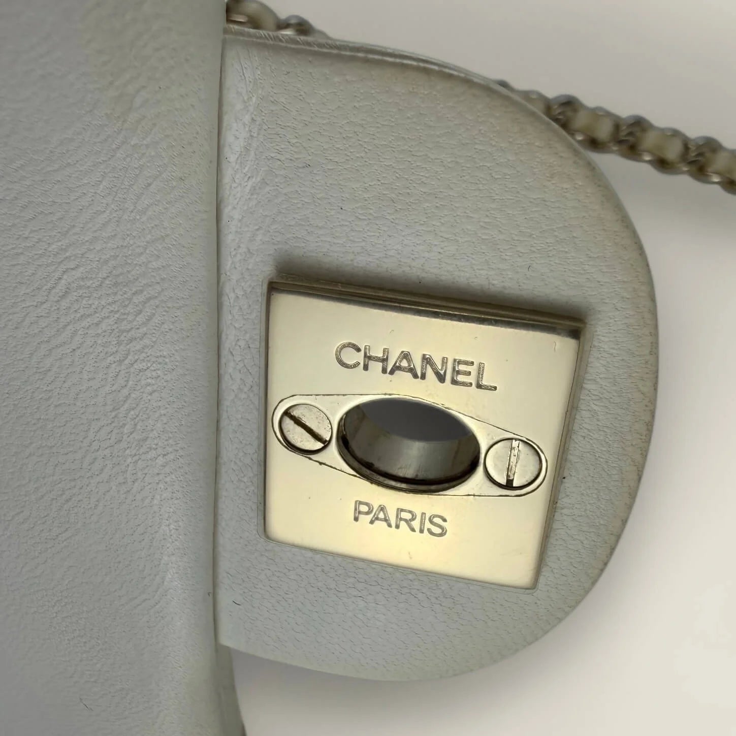 Chanel Mini Flap with pearl chain interior close-up