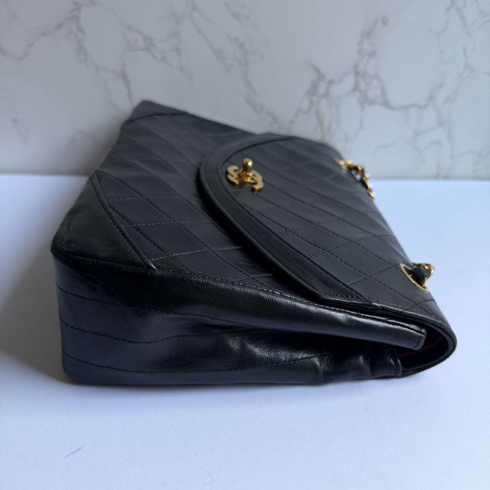 Chanel double chain flap bag black quilted lambskin with gold hardware