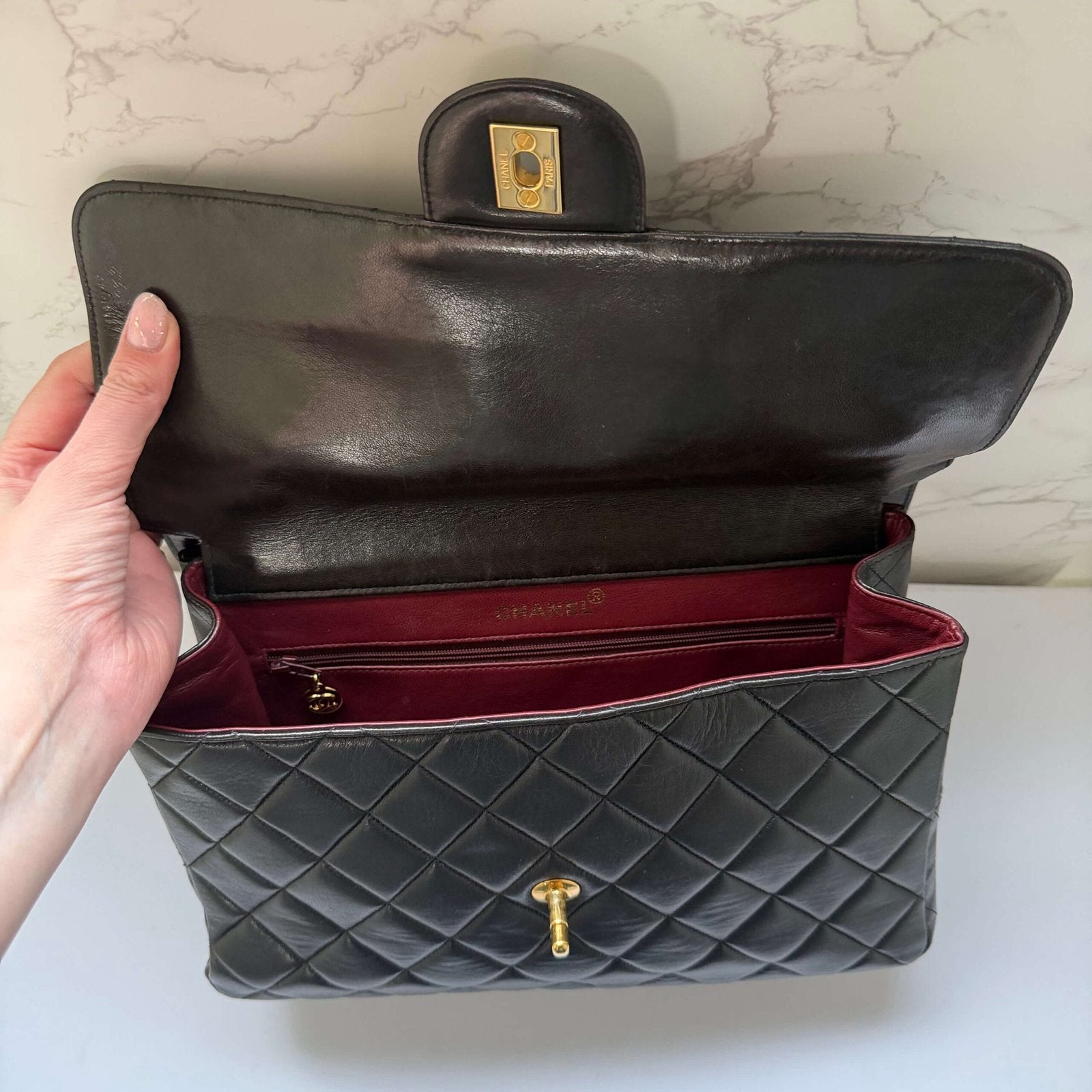 Chanel double sided bag interior detail<br>