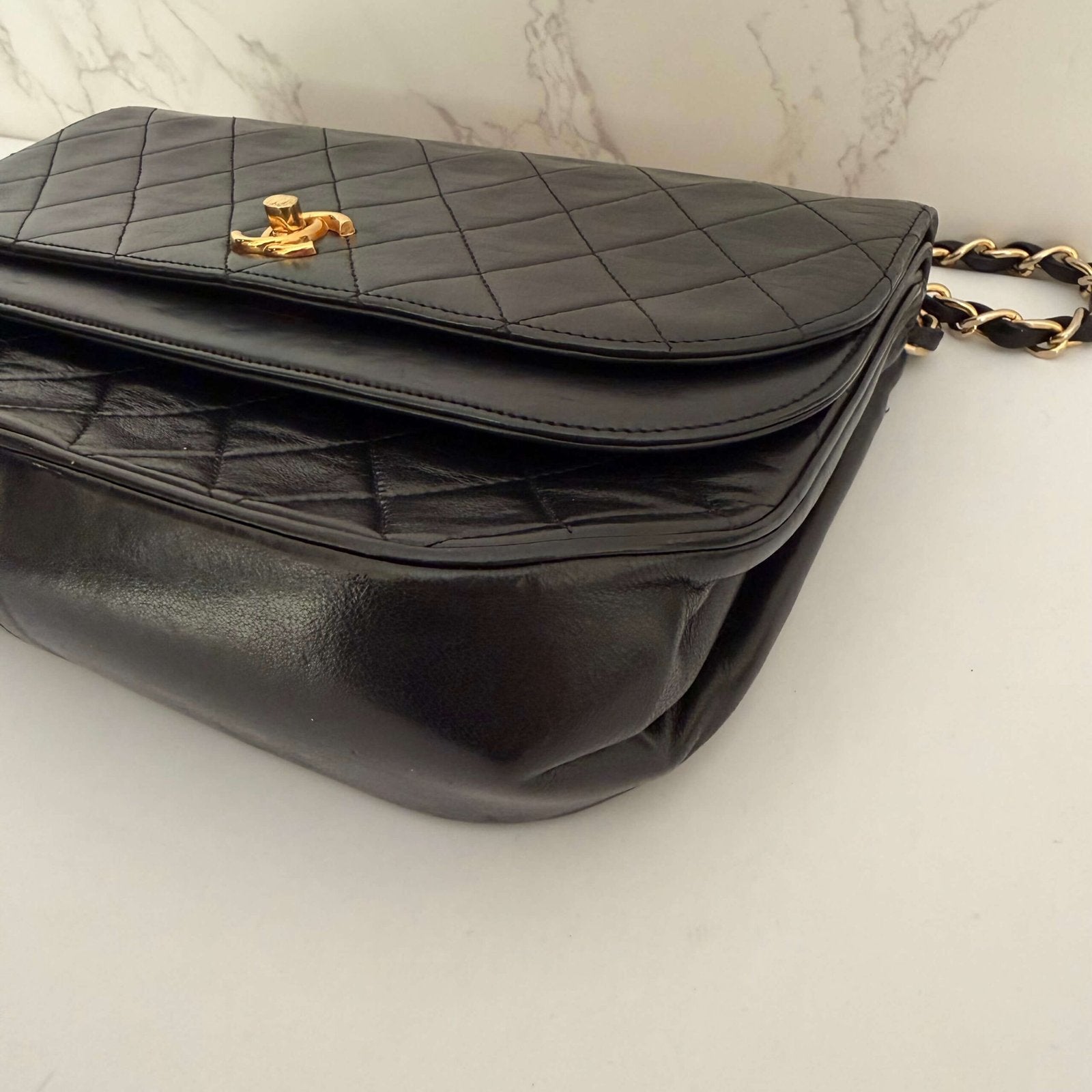 Chanel quilted lambskin black close-up