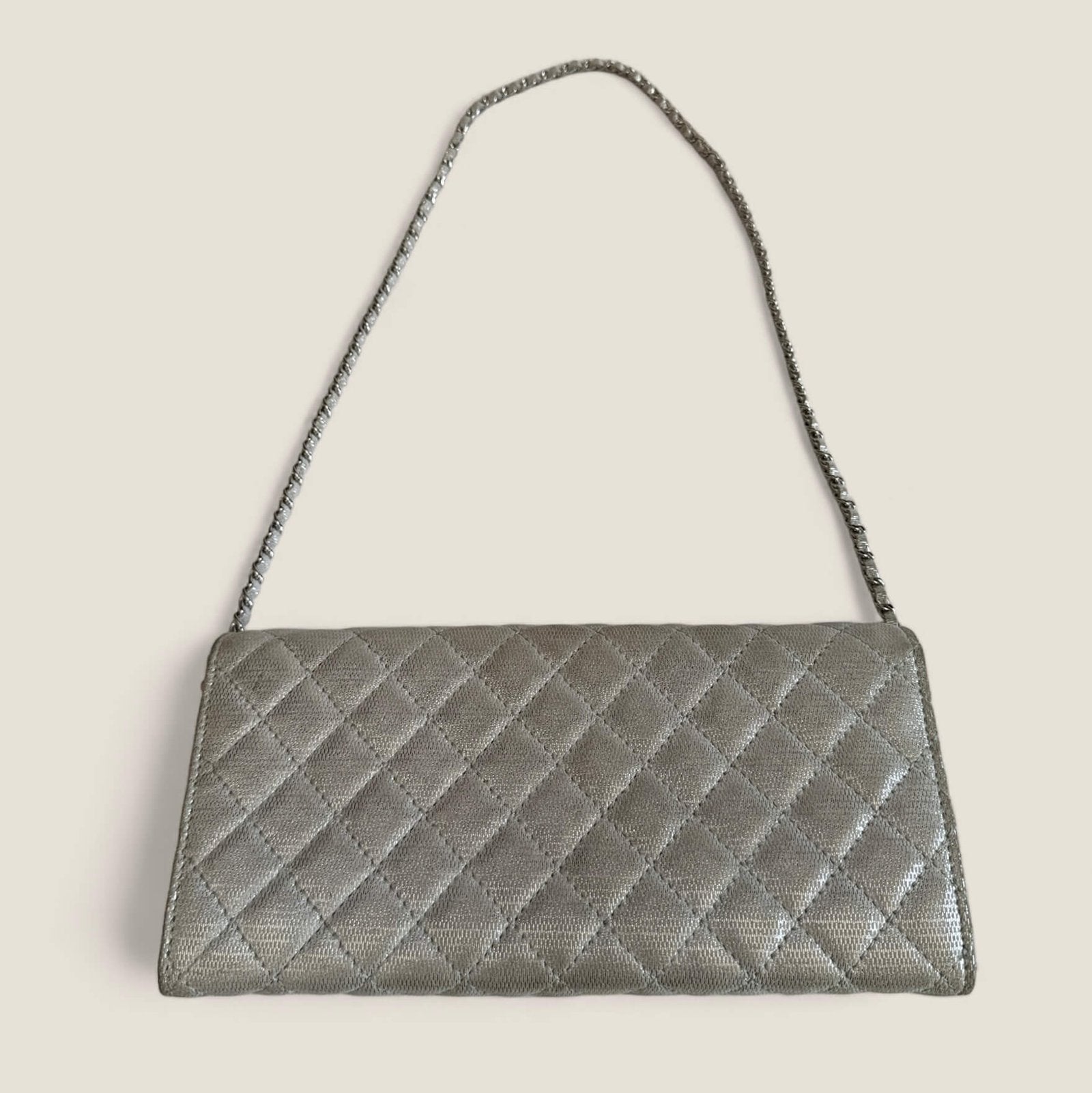 Chanel metallic silver East West flap clutch with Purse Curse bag holder