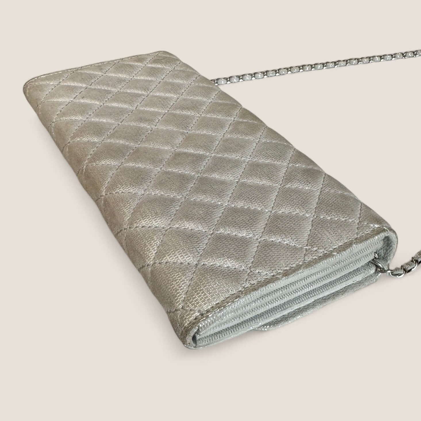 Chanel preloved 2010-2011 silver metallic coated canvas quilted shoulder bag silver hardware