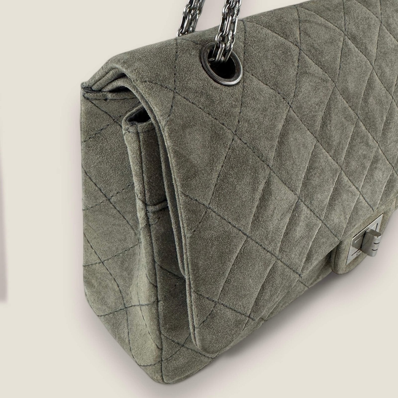 Chanel preloved handbag silver hardware grey suede