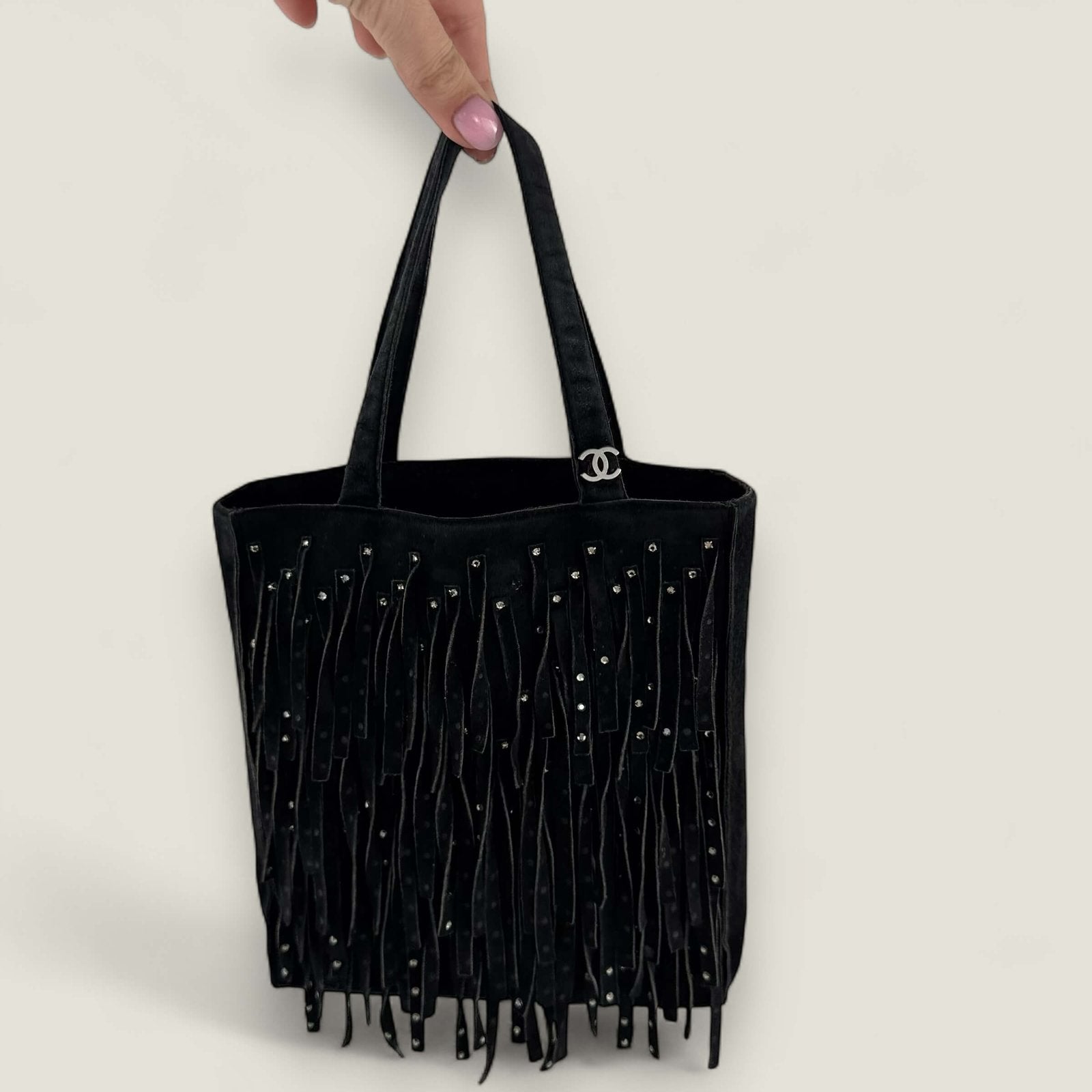 Chanel bag fringe detail with rhinestones black