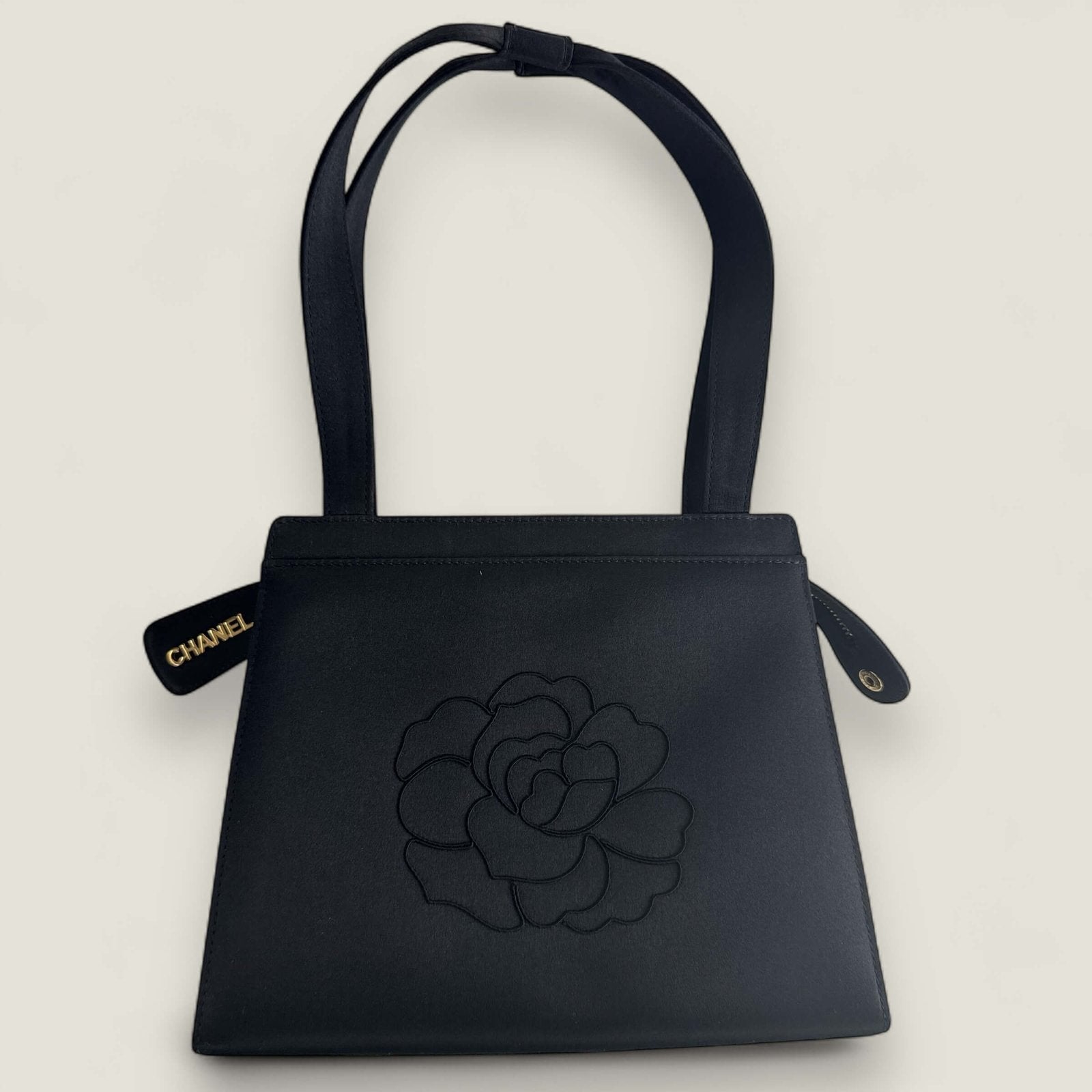 Chanel vintage handbag camellia black satin
