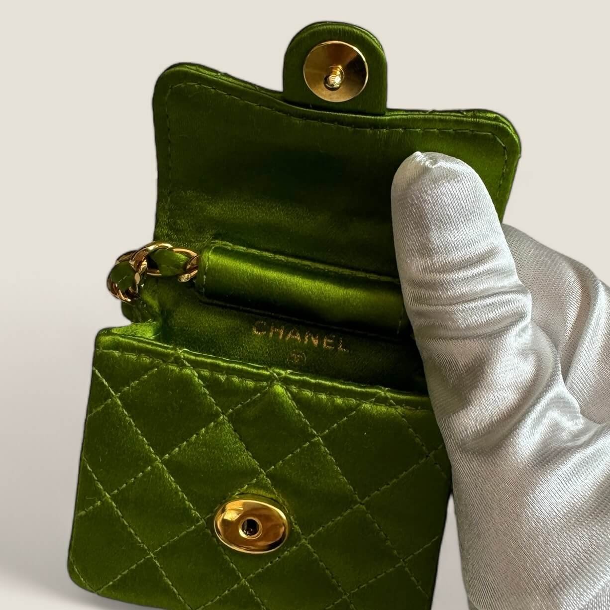 Chanel vintage micro flap green satin