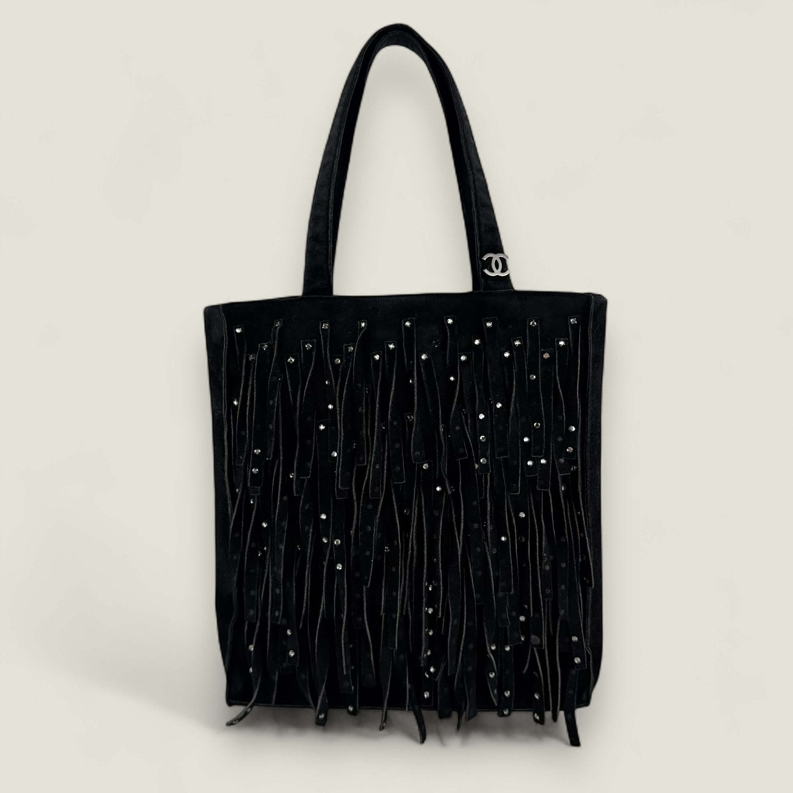 Chanel vintage suède fringe rhinestone mini tote - pre-owned