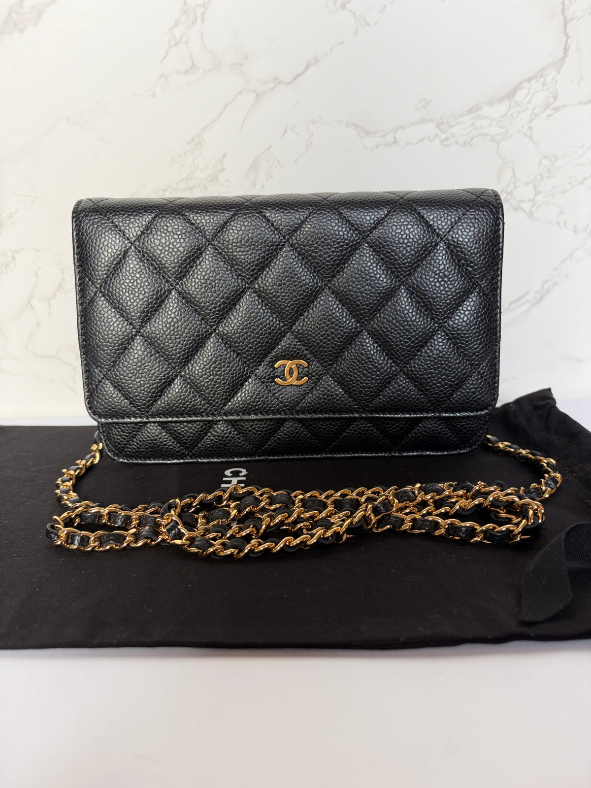 Chanel wallet on chain zwart caviar leer gouden hardware