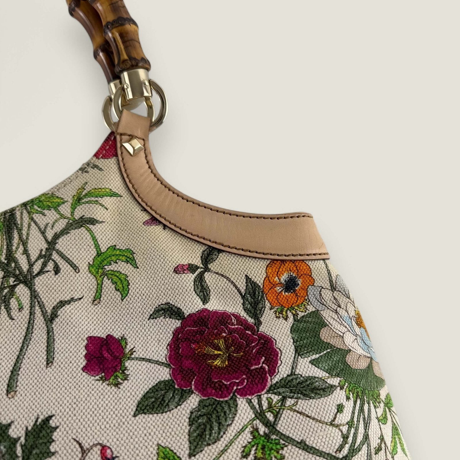 Gucci canvas floral flora bamboo handle bag