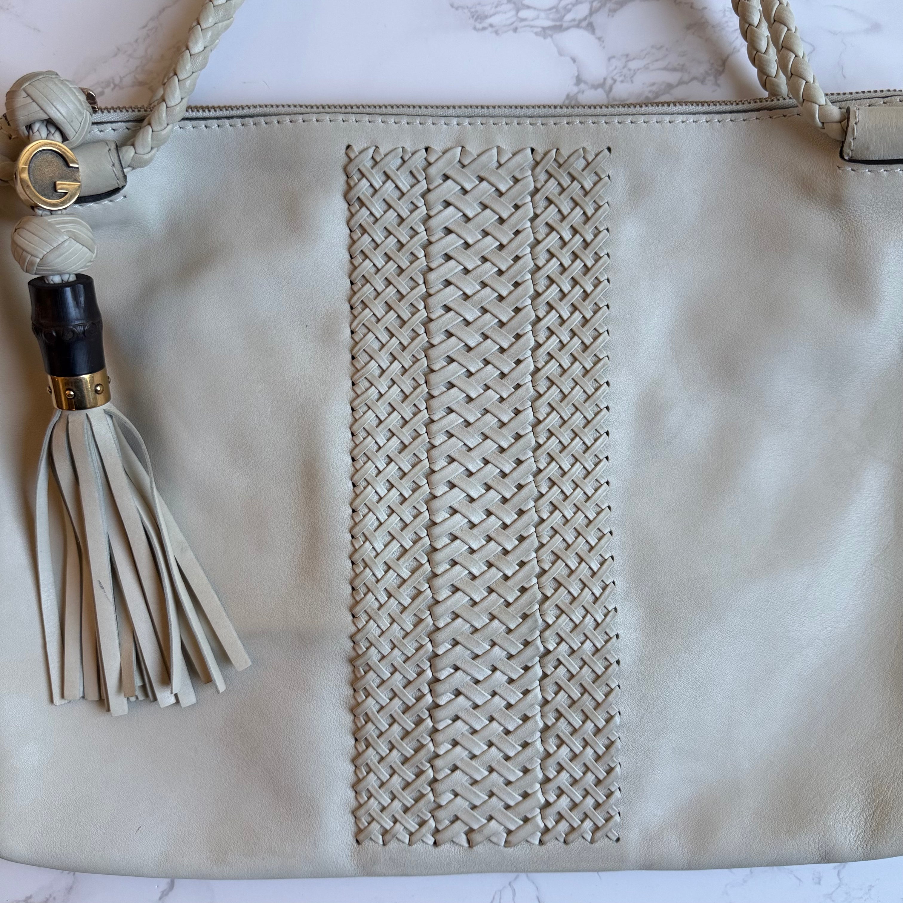 Gucci beige leather tote with braided panel