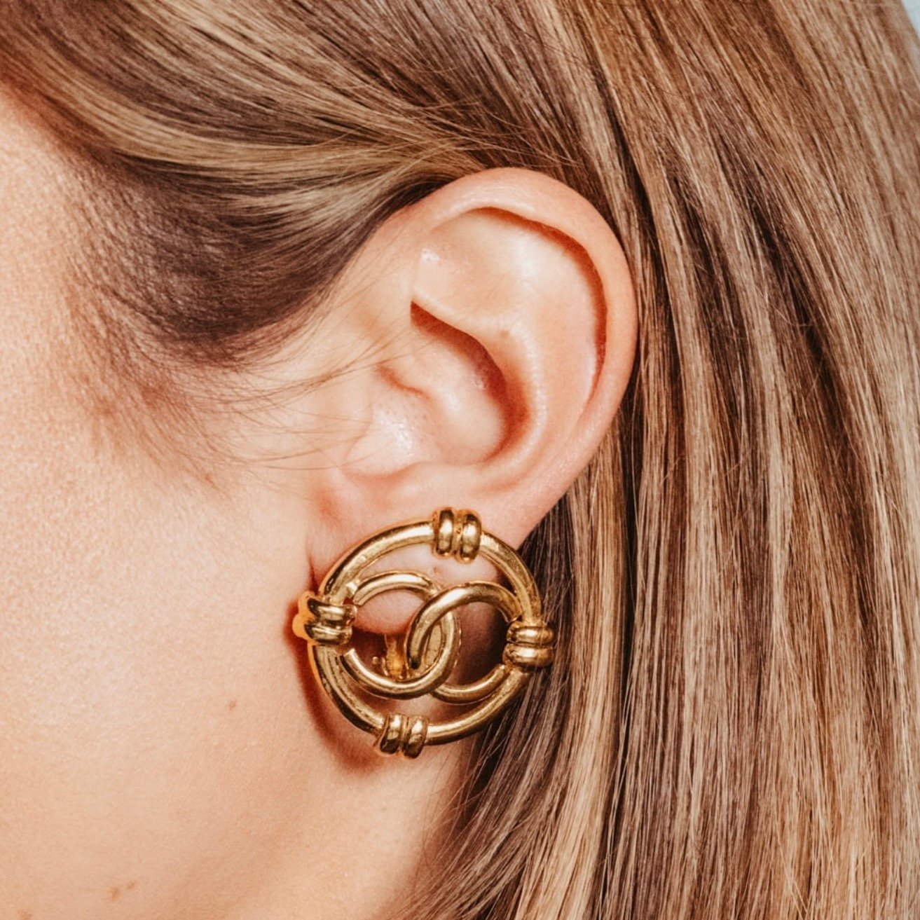 Chanel vintage gold logo CC cut out open work round pendant clip on earrings
