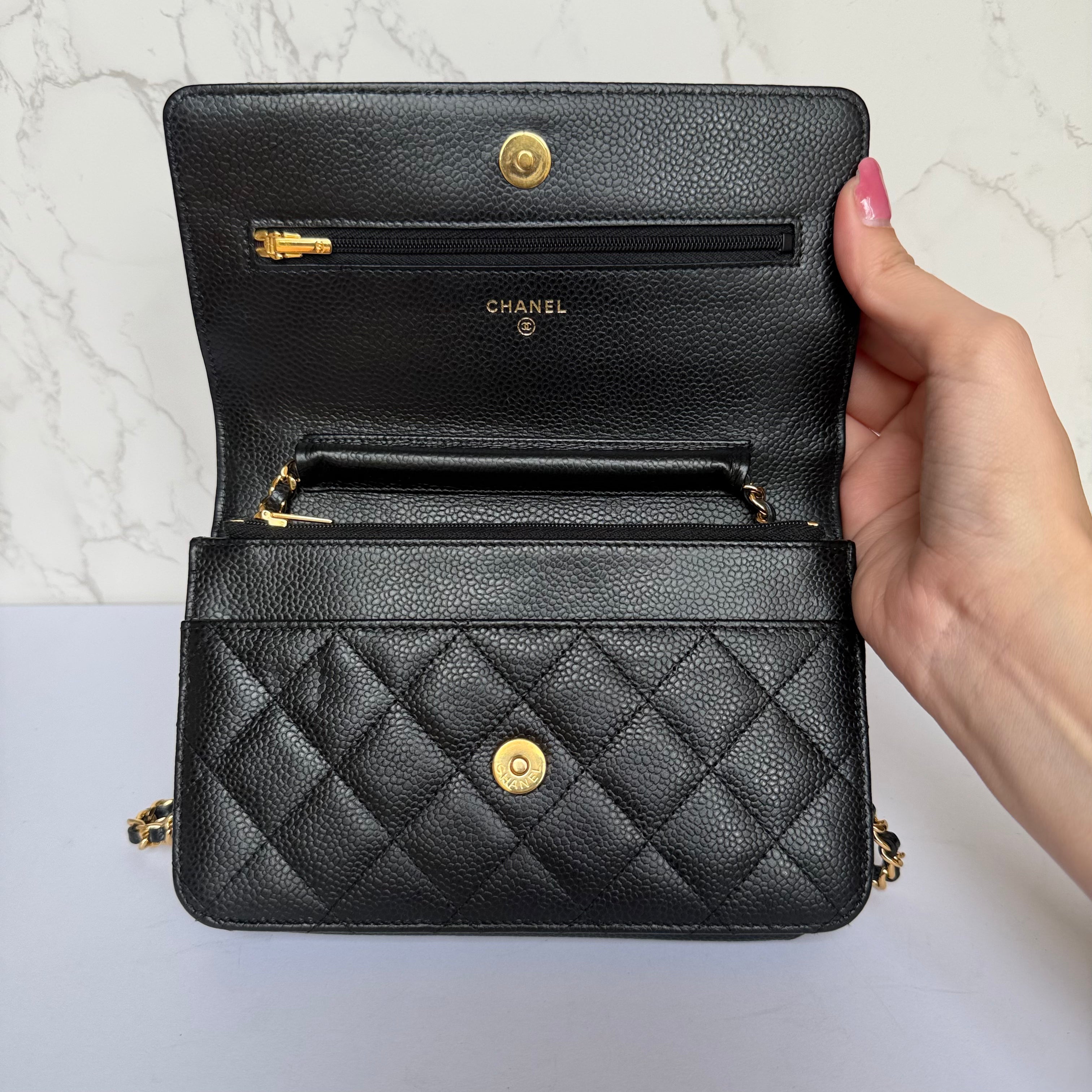 Chanel black caviar wallet on chain