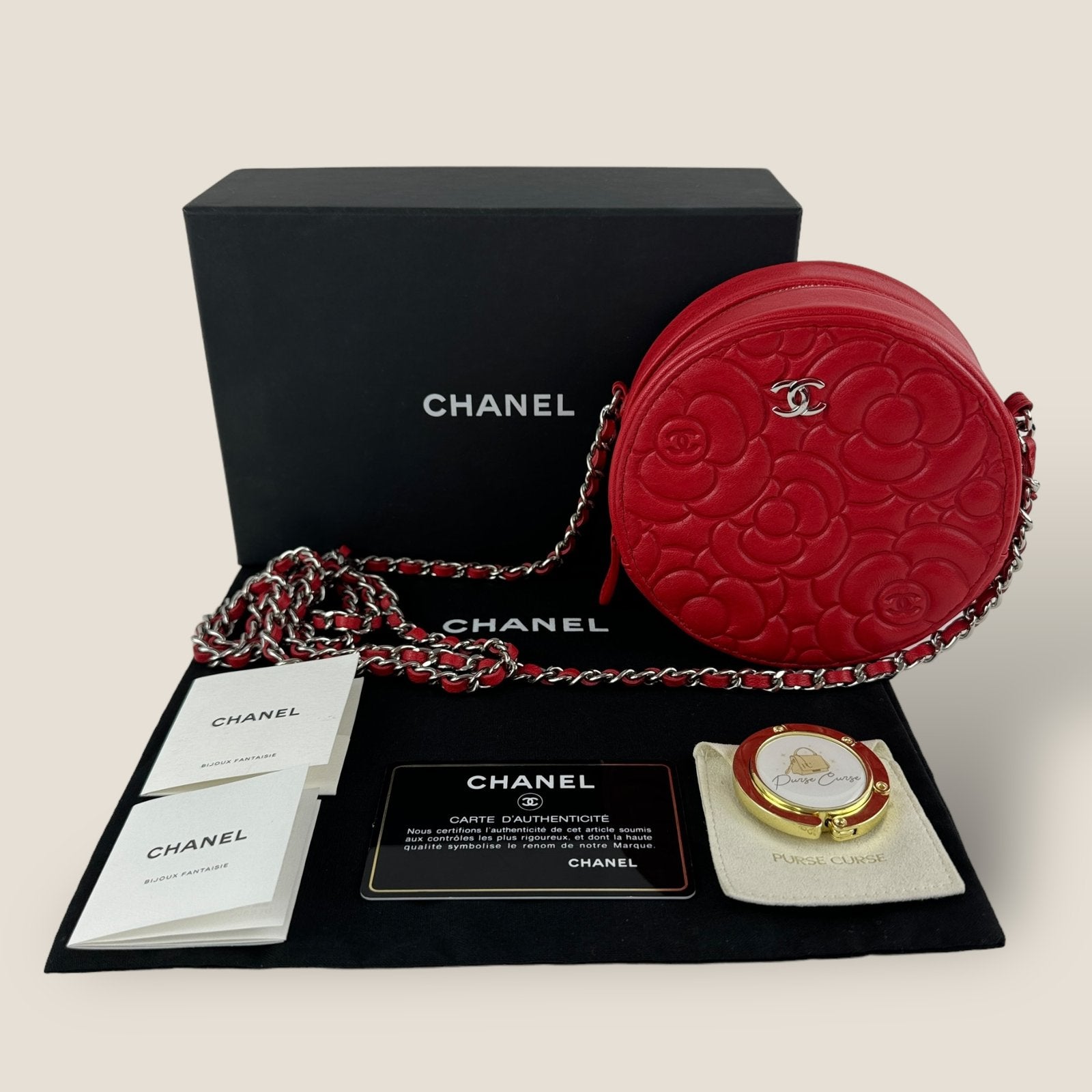 Pre-owned Chanel mini crossbody bag with authenticity card, booklet, Purse Curse bag hook