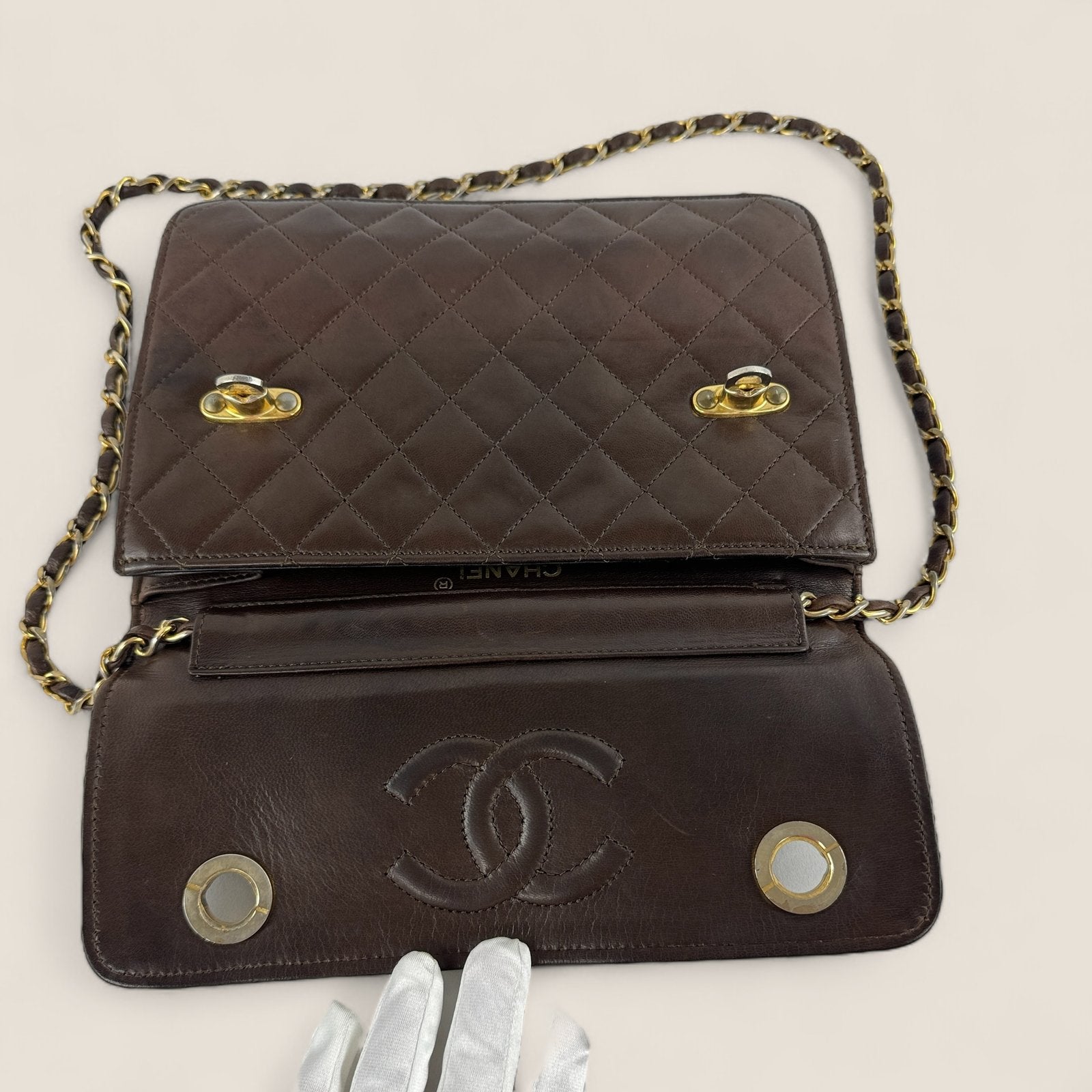 Pre-owned Chanel briefcase double turnlock brown lambskin leather gold hardware