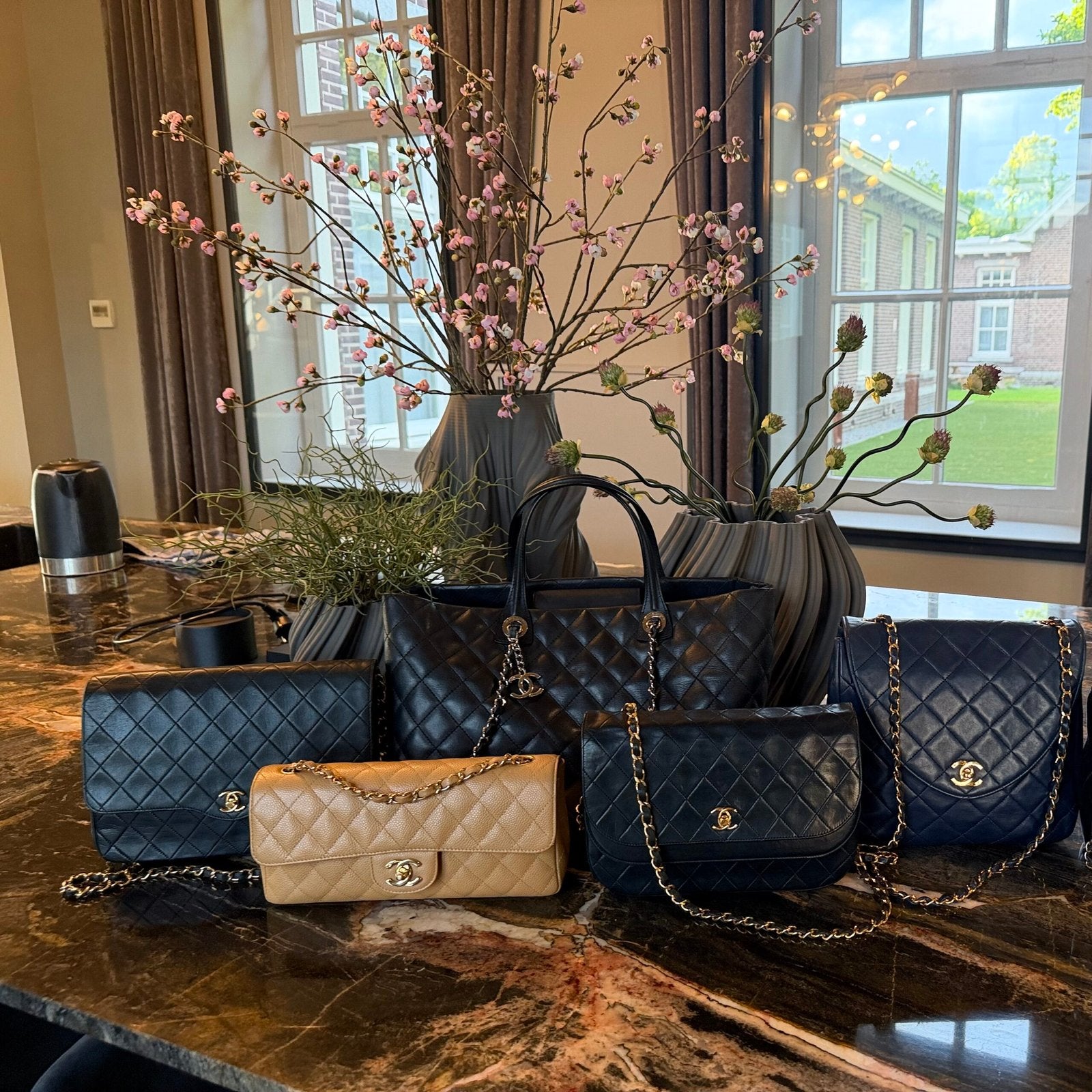 Full set Chanel East West flap beige caviar
