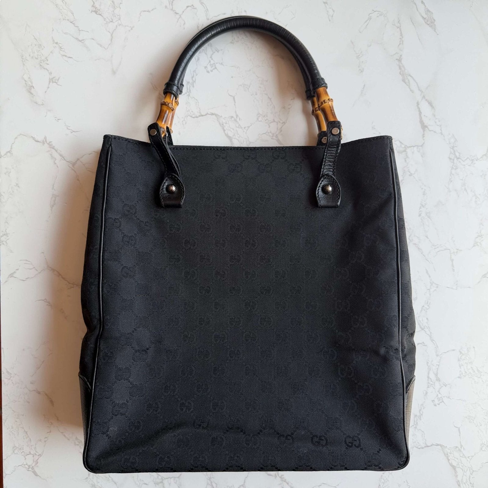 Second hand Gucci GG Supreme canvas bamboo tote black