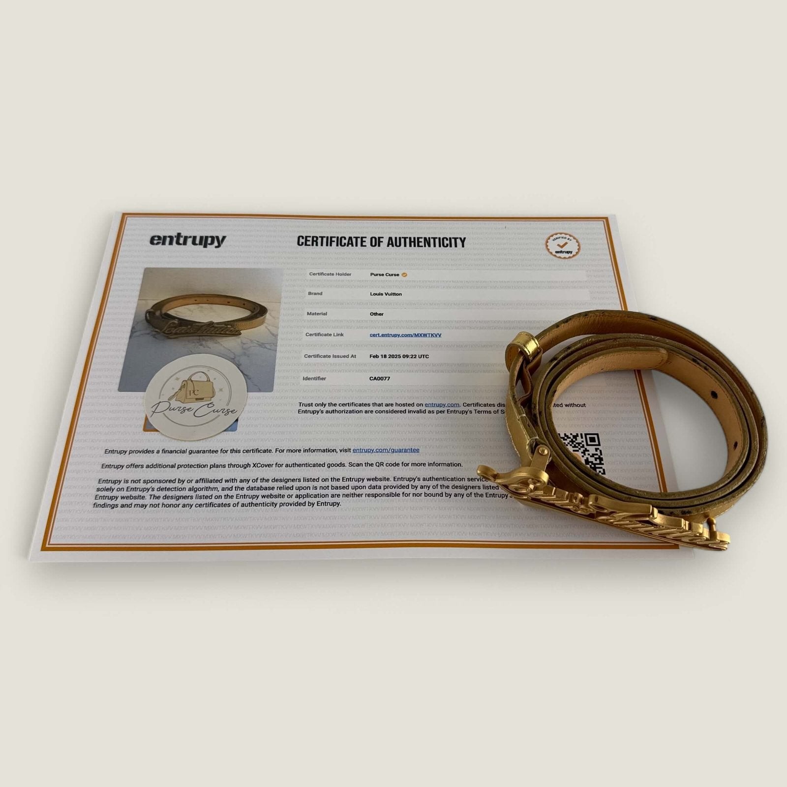 Pre-owned Louis Vuitton designer belt, gold-colored, with Entrupy certificate