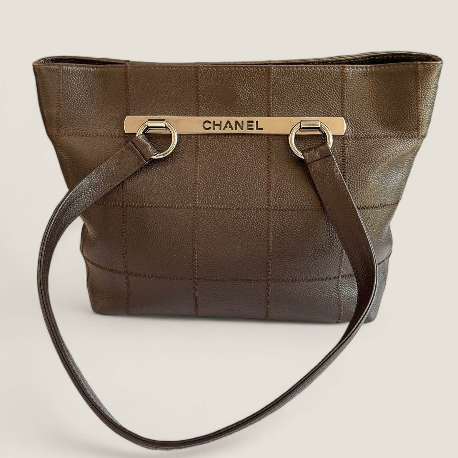 Used Chanel Chocolate Bar stitch tote bag silver hardware brown caviar leather
